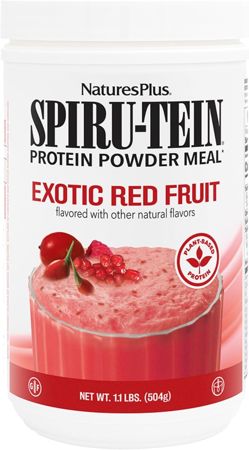 NaturesPlus SPIRU-TEIN, Exotic Red Fruit - 1.1 lb - Plant-Based Protein Powder - Vitamins & Minerals for Energy - Vegetarian, Gluten Free - 14 Servings