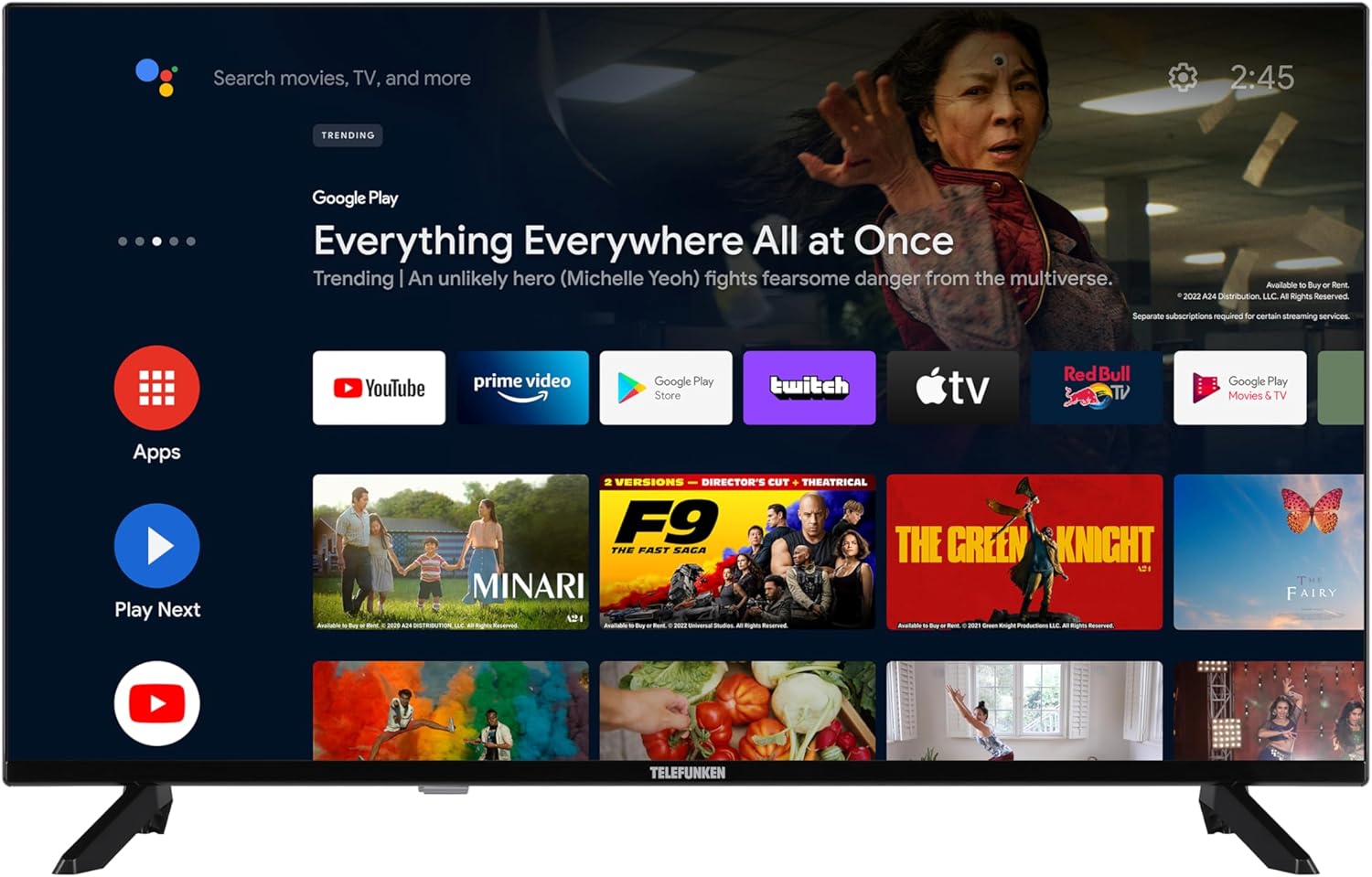 Telefunken Android TV home screen showing various apps and content recommendations