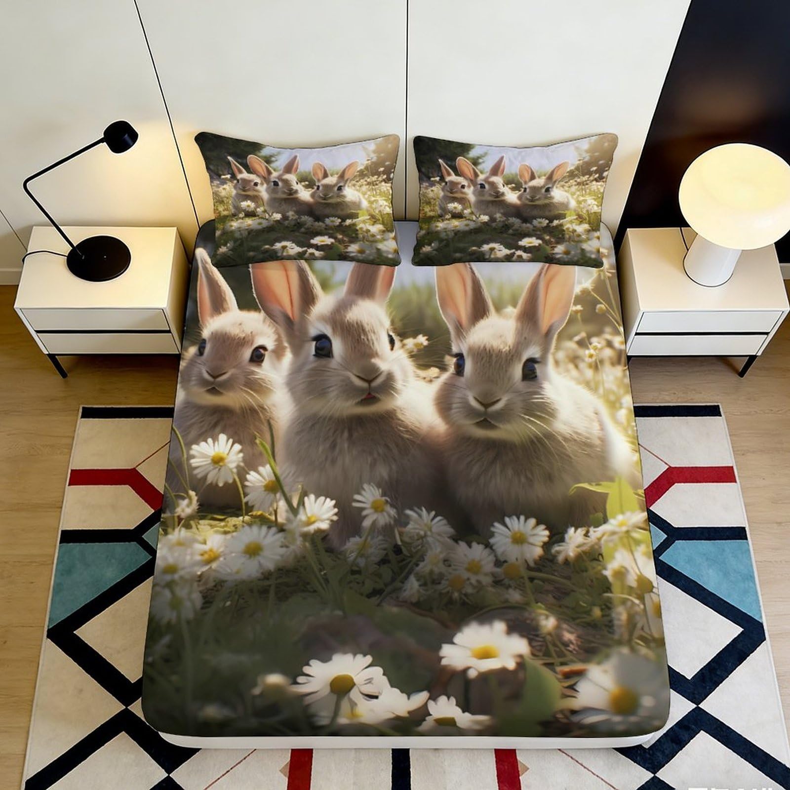 Jqzkxnhpbr Style-10 3D Printed Bunny Meadow Fitted Sheet Microfiber Soft Breathable Rabbit Flower Bed Cover For Bedroom Guest Room Decor 90X200x25cm
