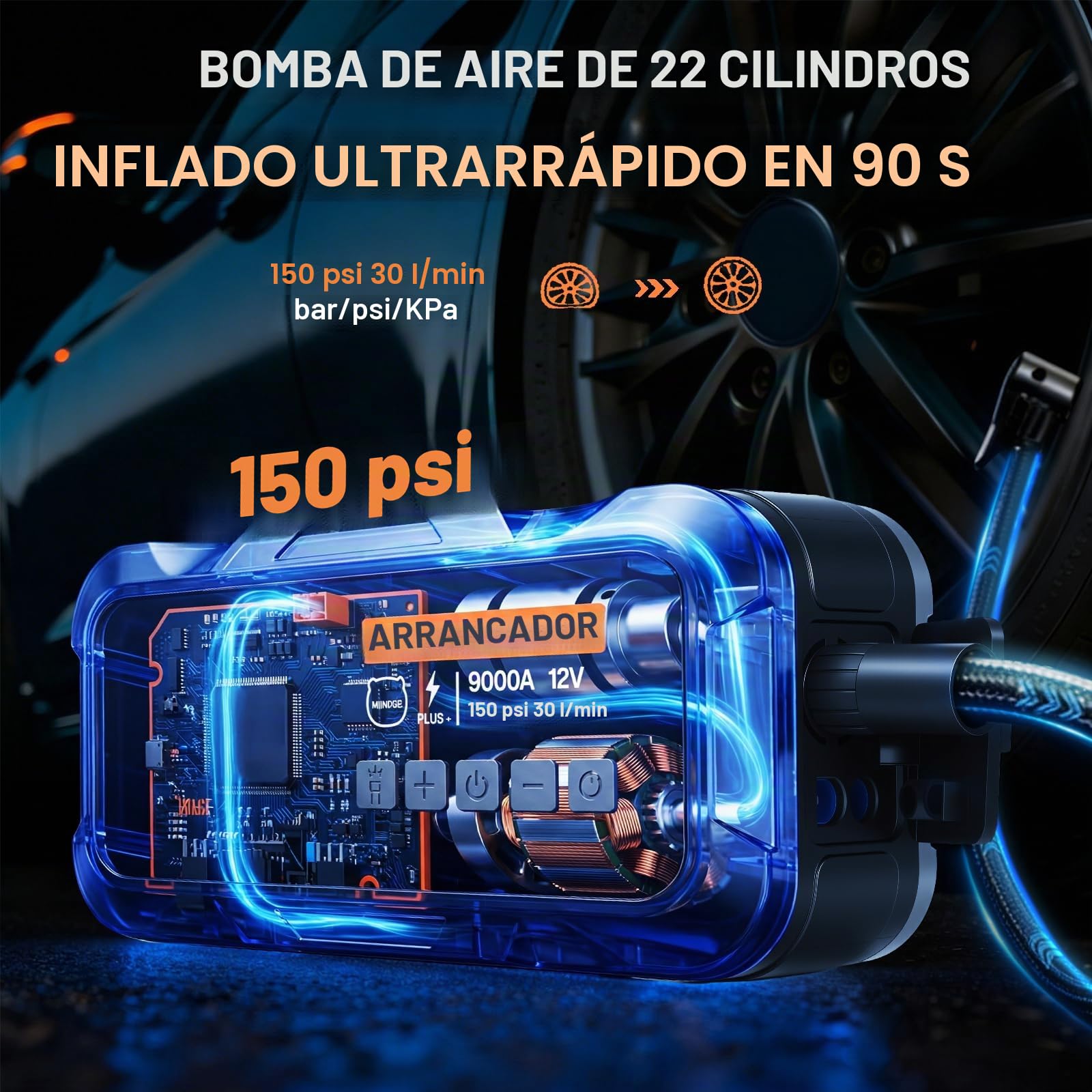 Paquete de potencia mejorado de arranque 9000A, 22 cilindros, tiempo de inflado rápido de 90 segundos, con iluminación LED, chip de IA, compresor de aire de 12 V, 150 PSI, para vehículos diésel