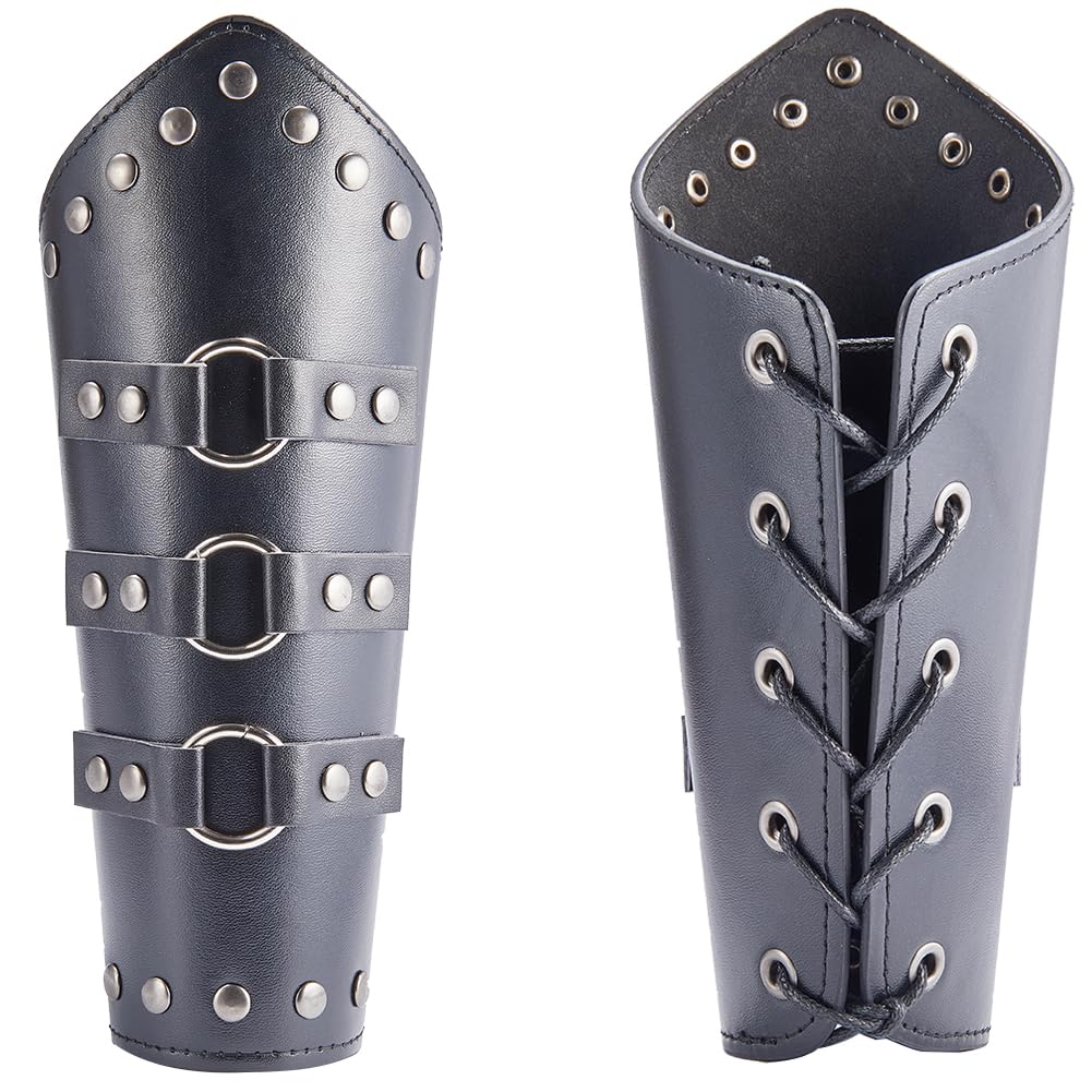 GORGECRAFT 2 PCS Noir Viking Protège-Poignets Cuir Gauntlet Bracelet Médiéval Brassards Réglable Faux Bras Garde Poignet Bande Ceinture Boucle Brassard Manchette Garde Costume pour Hommes Femmes