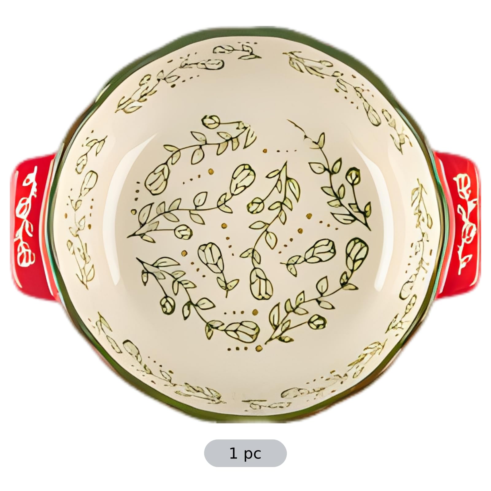 Keramik Backform mit gewelltem Rand und doppeltem Griff, ofengeeignetes Kochgeschirr mit handbemalter Glasur, 20,2 x 17,1 x 5 cm, 650 ml, für Lasagne, Gratin, Pizza, Rot, Creme, Grün