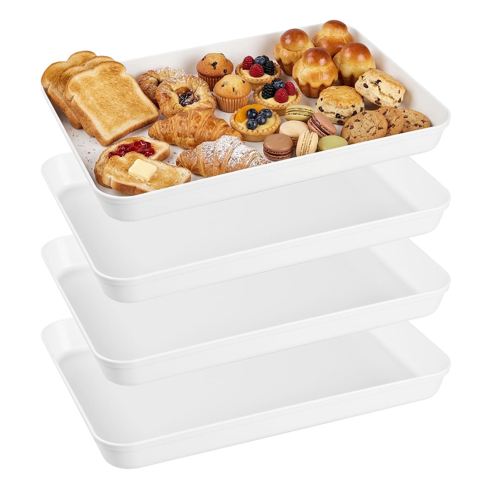 4 Pz Vassoio da Portata, Vassoi per Alimenti, Piatto da Portata, Vassoio Rettangolare in Plastica Bianca per piatti da cucina, colazione, snack e caffè (38 x 26,5 x 4 cm)