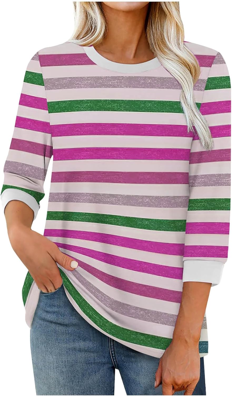 3/4 Length Sleeve Womens Tops Striped Cotton Blouse Crew Neck Loose Fit Casual Shirt Graphic Fashion Tees 2025