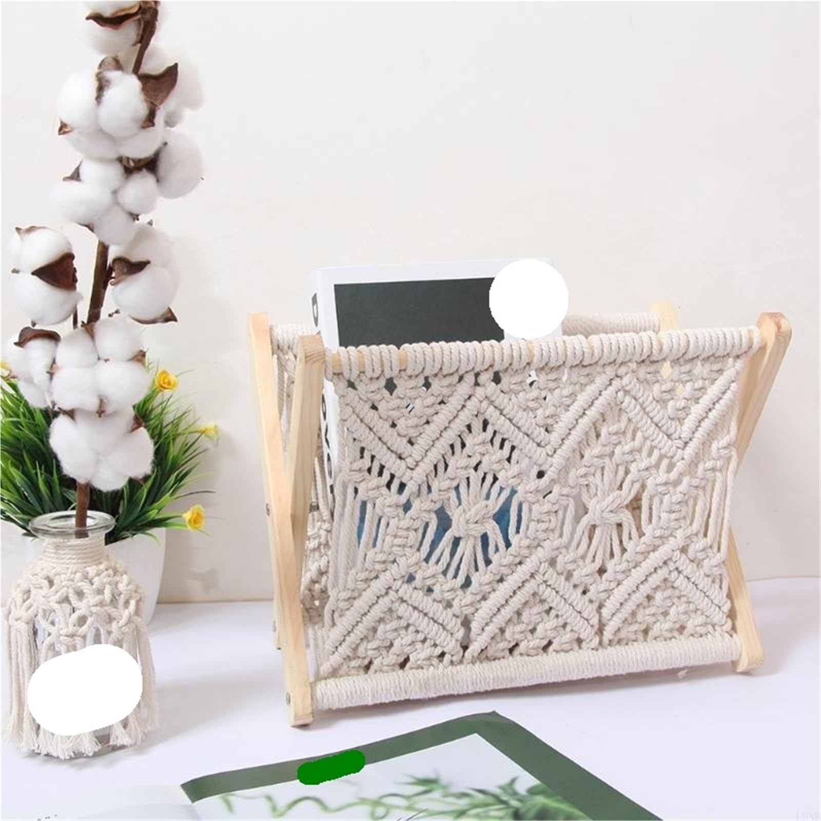 Porte-revues en rotin tissé à la main Panier de rangement tissé en coton, porte-revues pliable tricot Boho Pour magazines, livres