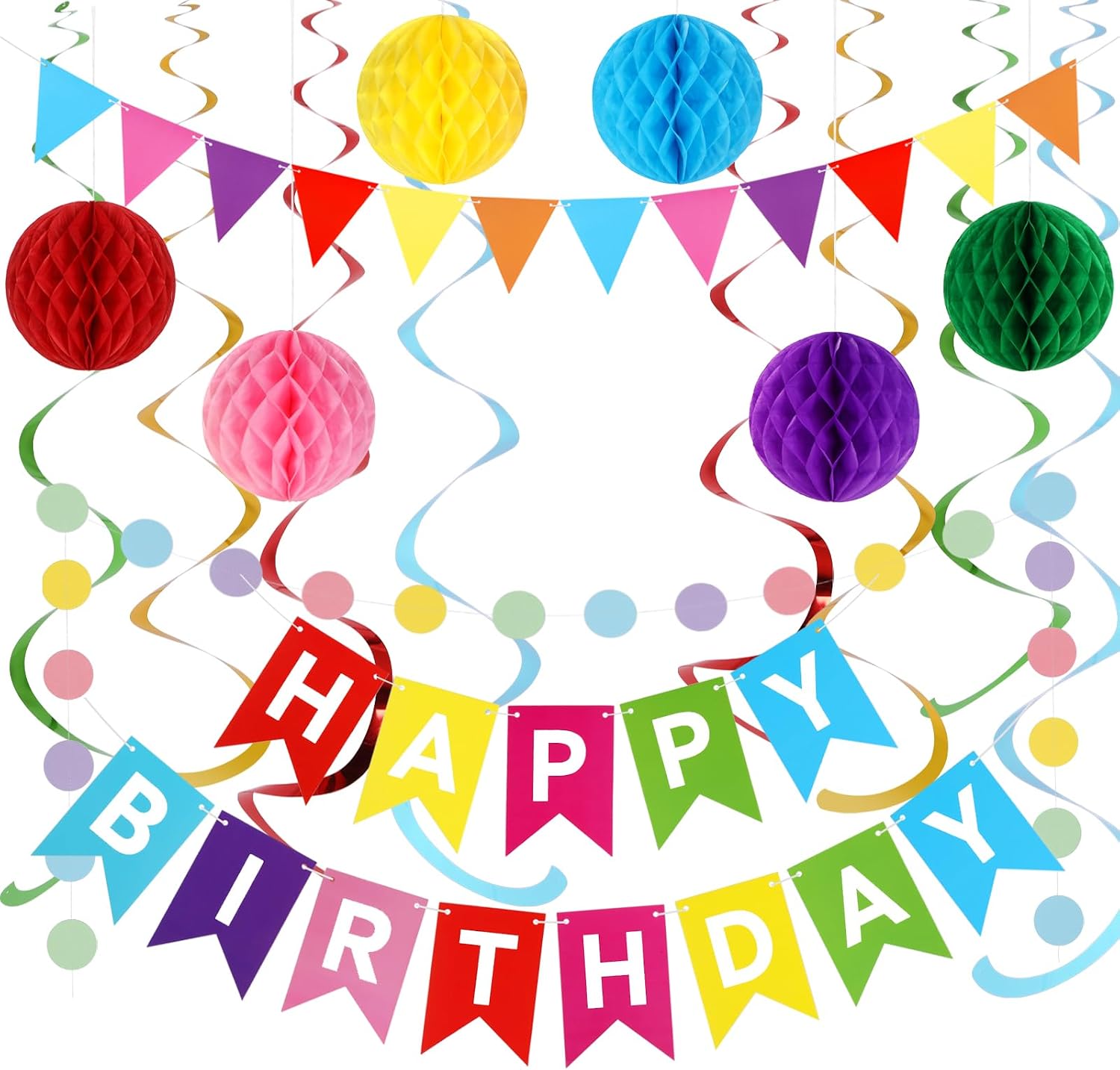 IMISI Birthday Decorations Happy Birthday Banner Party Decoration Set with Colorful Flag Bunting Circle Dots Garland Hanging Swirl Streamers Honeycomb Balls for Men Women (Rainbow)