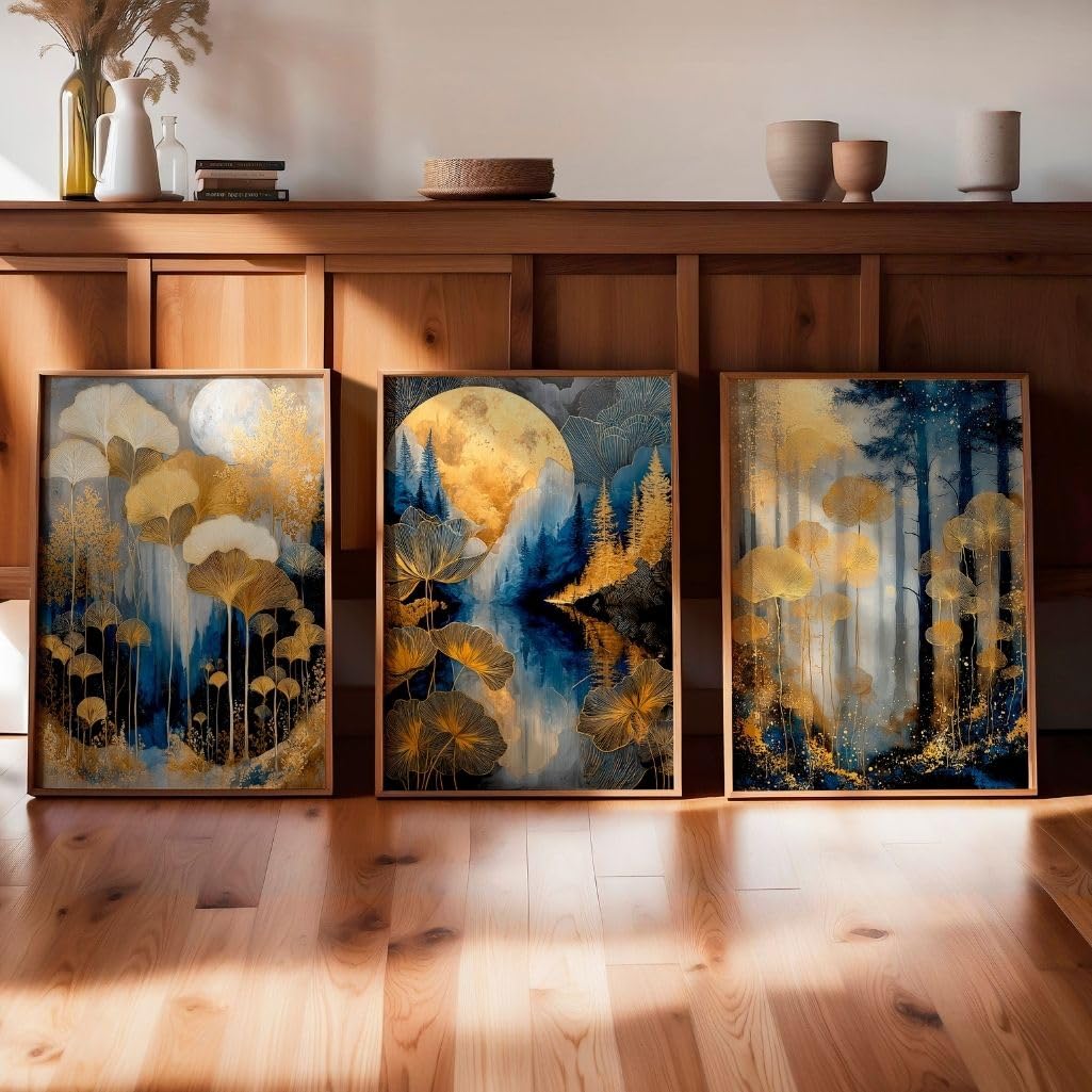 ARTINSPIRIO Blaues Gold Botanisches Wandbild 3er-Set, Natur Landschaft Kunstdrucke, Elegant, für Wohnzimmer, Schlafzimmer & Esszimmer Ohne Rahmen (A2)