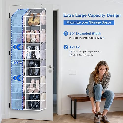 Miniatura 2 de Univivi Organizador de zapatos de 6 niveles sobre la puerta, organizador de zapatos colgante extragrande con 12 bolsillos profundos transparentes y
