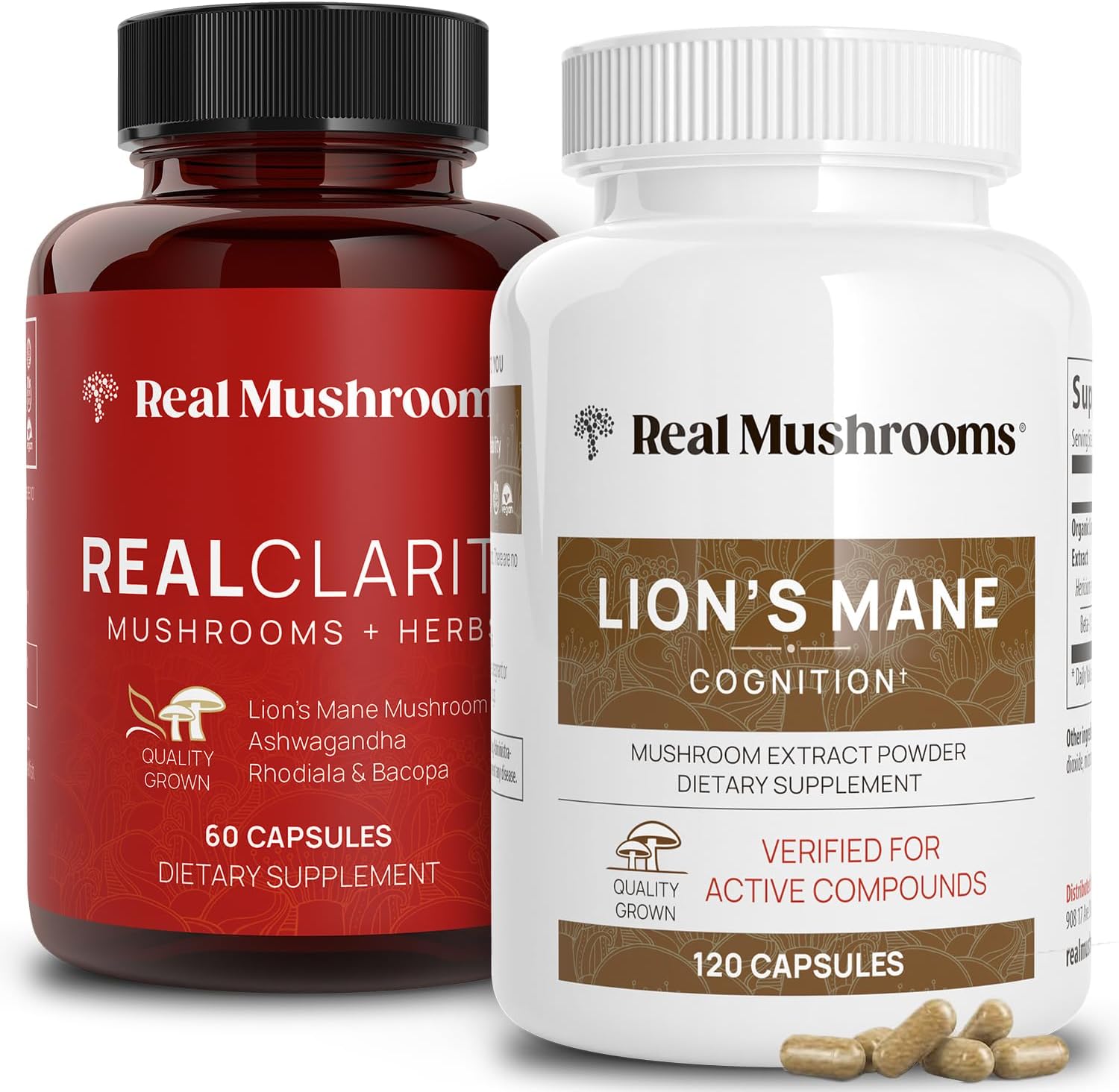 Real Mushrooms RealClarity (60ct) and Lions Mane (120ct) Capsules Bundle - Mushroom Supplement for Brain Health, Mental Clarity, Focus, Cognition & Immune Support - Brain Vitamins w/Ashwagandha