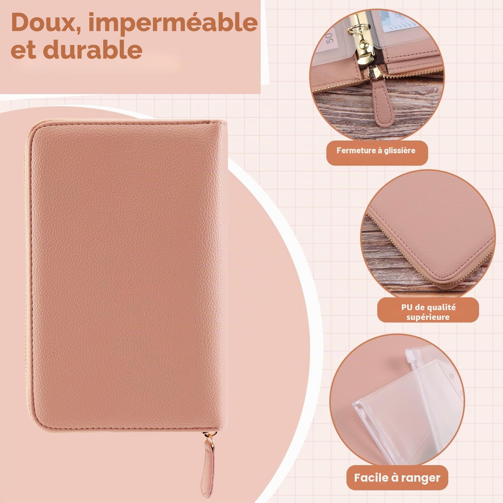 Classeur Budget A6 Organiseur Multifonction avec 12 Poches Transparentes, Livré avec Portefeuille et Enveloppes pour Cartes, Argent et Documents – Accessoire Idéal pour Gérer votre Budget Rose