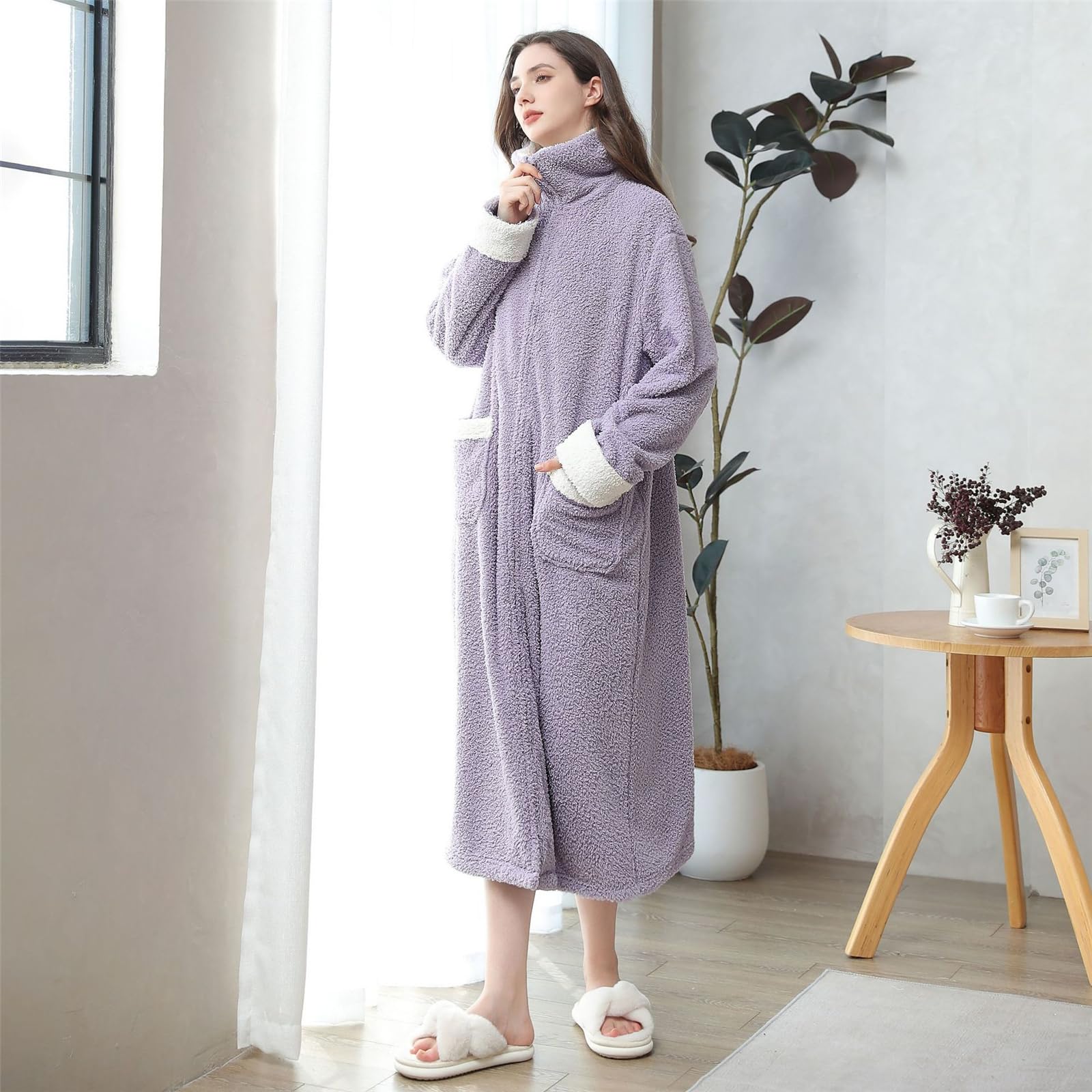 Batas de felpa con cuello delantero con, Gray M