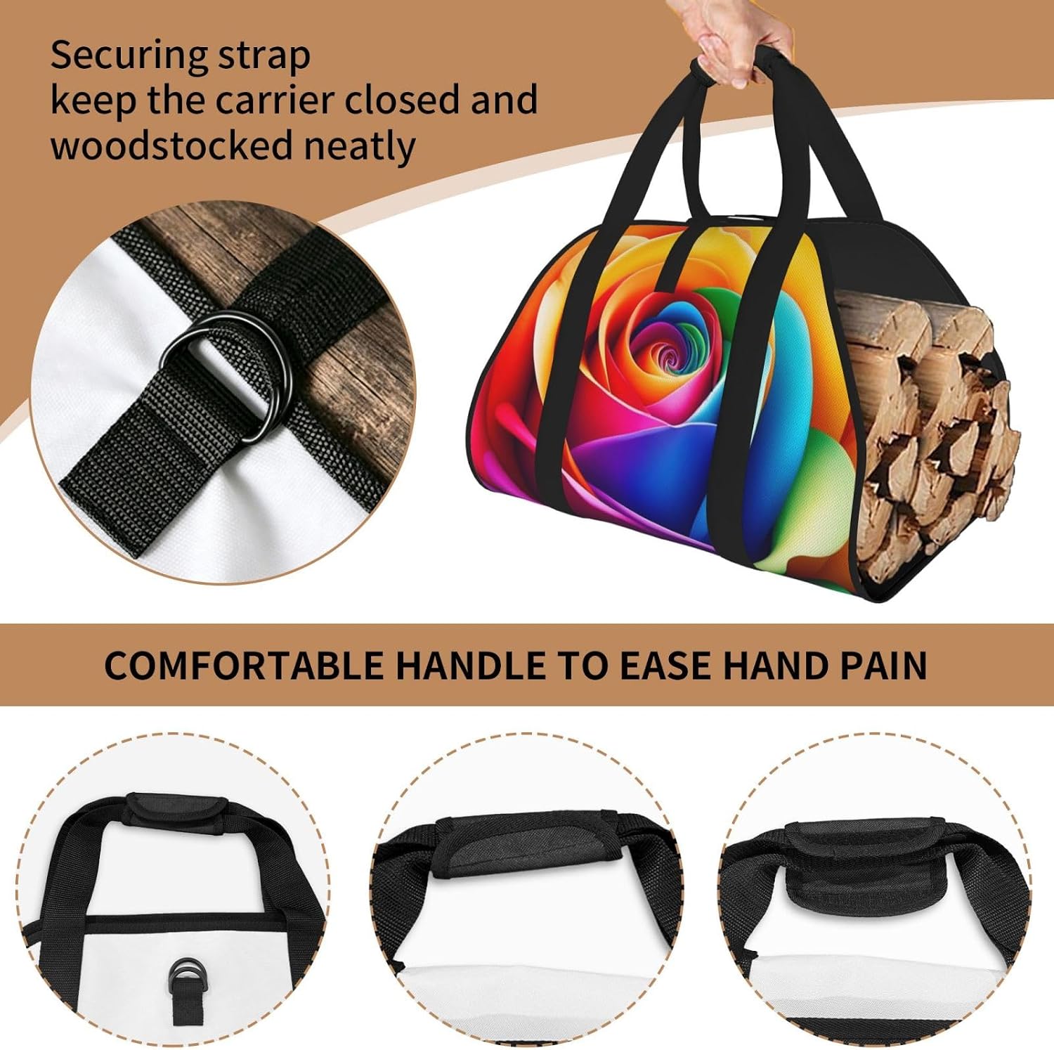 Large Colorful-Rainbow-Rose-Flower Firewood Carrier Bag, 600d Oxford Cloth Log Tote With Reinforced Handles, Open-End Wood Hauling Bag For Fireplace, Wood Stove, Camping And Outdoor Storage image 5