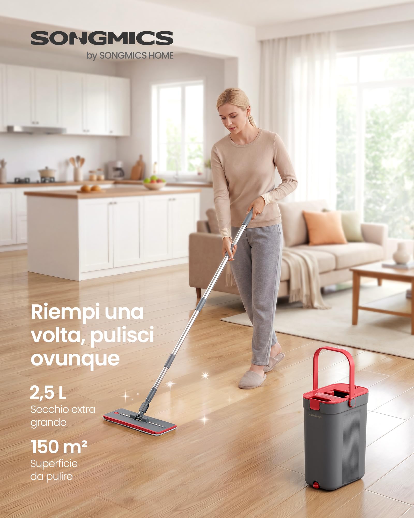 SONGMICS Mocio Lavapavimenti con Secchio, Acqua Pulita/Sporca Separata, Secchio a 3 Scomparti, Strizzatore, Mop Piatto, Testina Girevole a 360°, 5 Panni Microfibra, Grigio e Rosso LMB001GT05