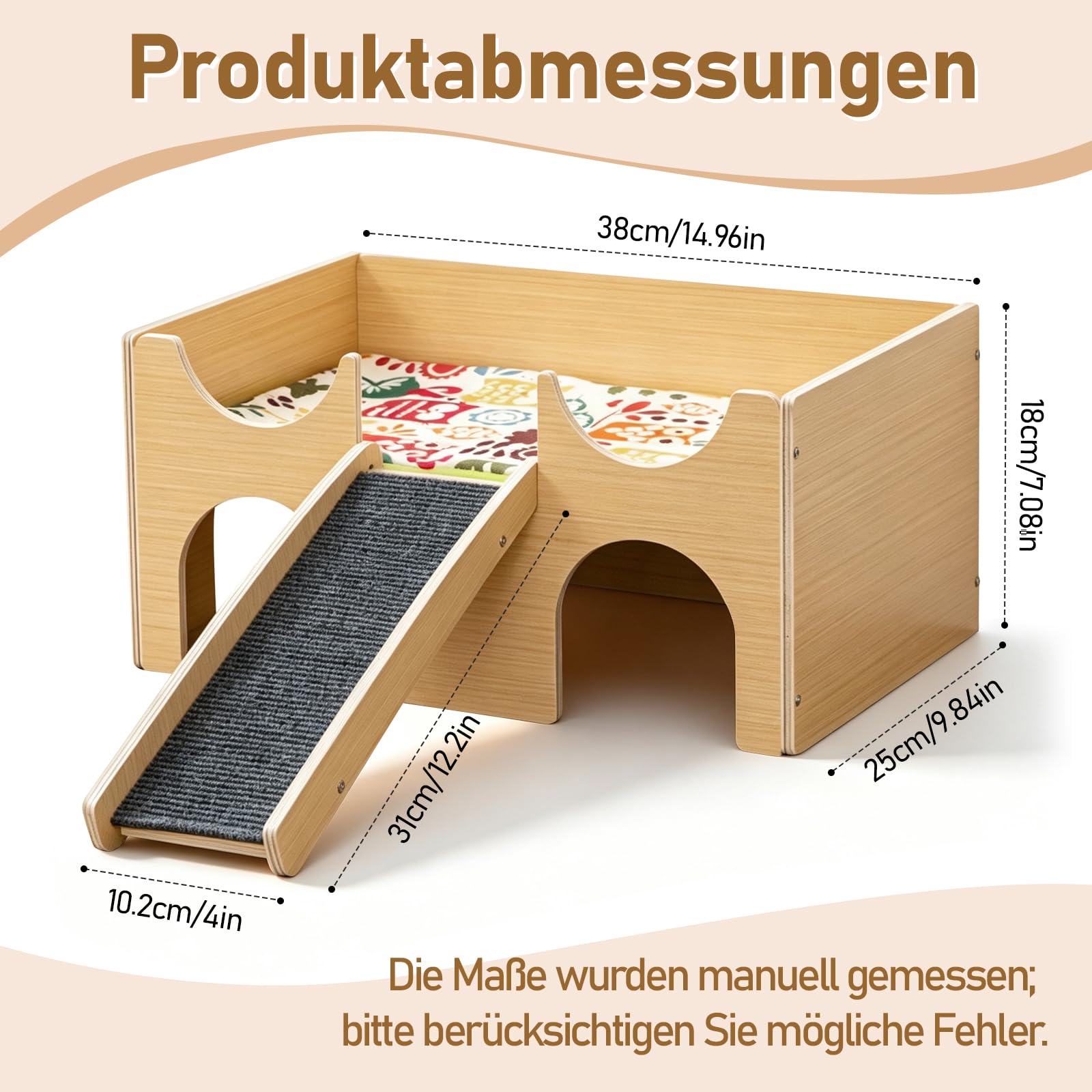 Oniissy 3-in-1 Meerschweinchen Haus aus Holz mit Rampe Versteck Plattfor (38x25x18cm)