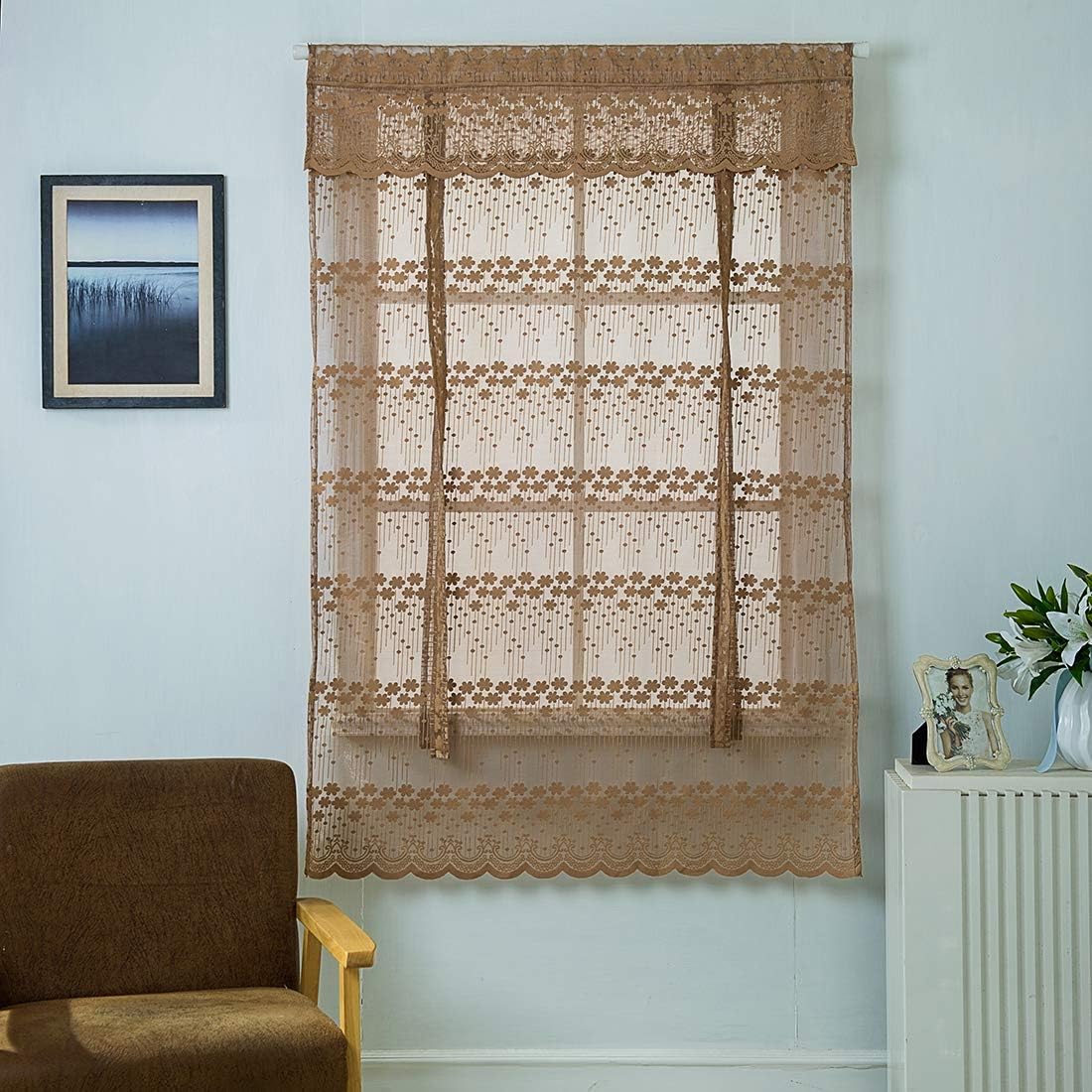 Floral French Country Chic Sheer Voile Kitchen Curtain Tie up Adjustable Balloon Window Treatmet Roman Shades with Vanlance Design Cafe Drapes, 45" x 63", Coffee