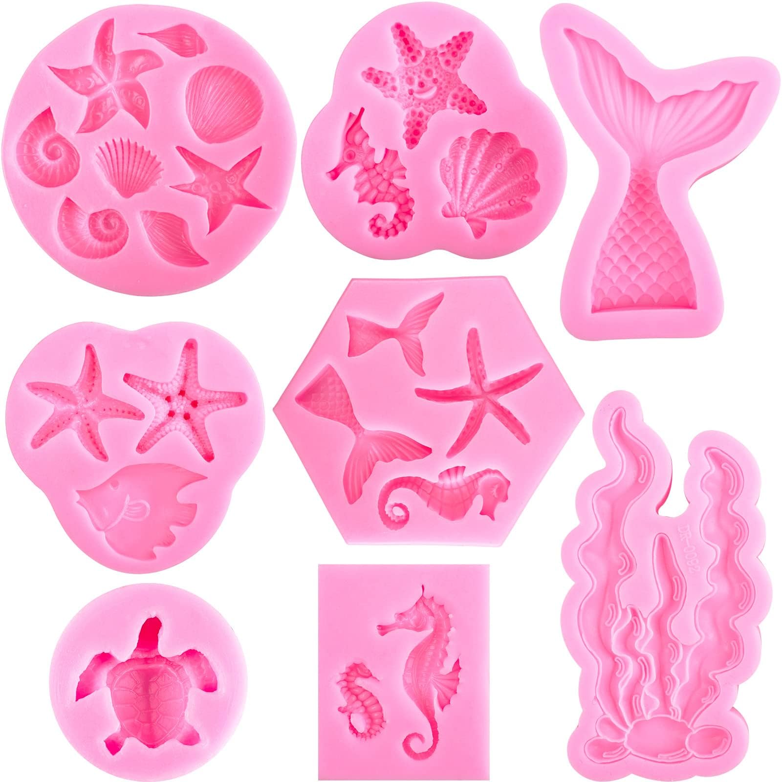 Mermaid Molds Silicone Fondant Molds Marine Theme Chocolate & Polymer Clay Candy & Soap Molds Mermaid Tail Seashell Coral Turtle Starfish Seahorse for Homemade Baking DIY