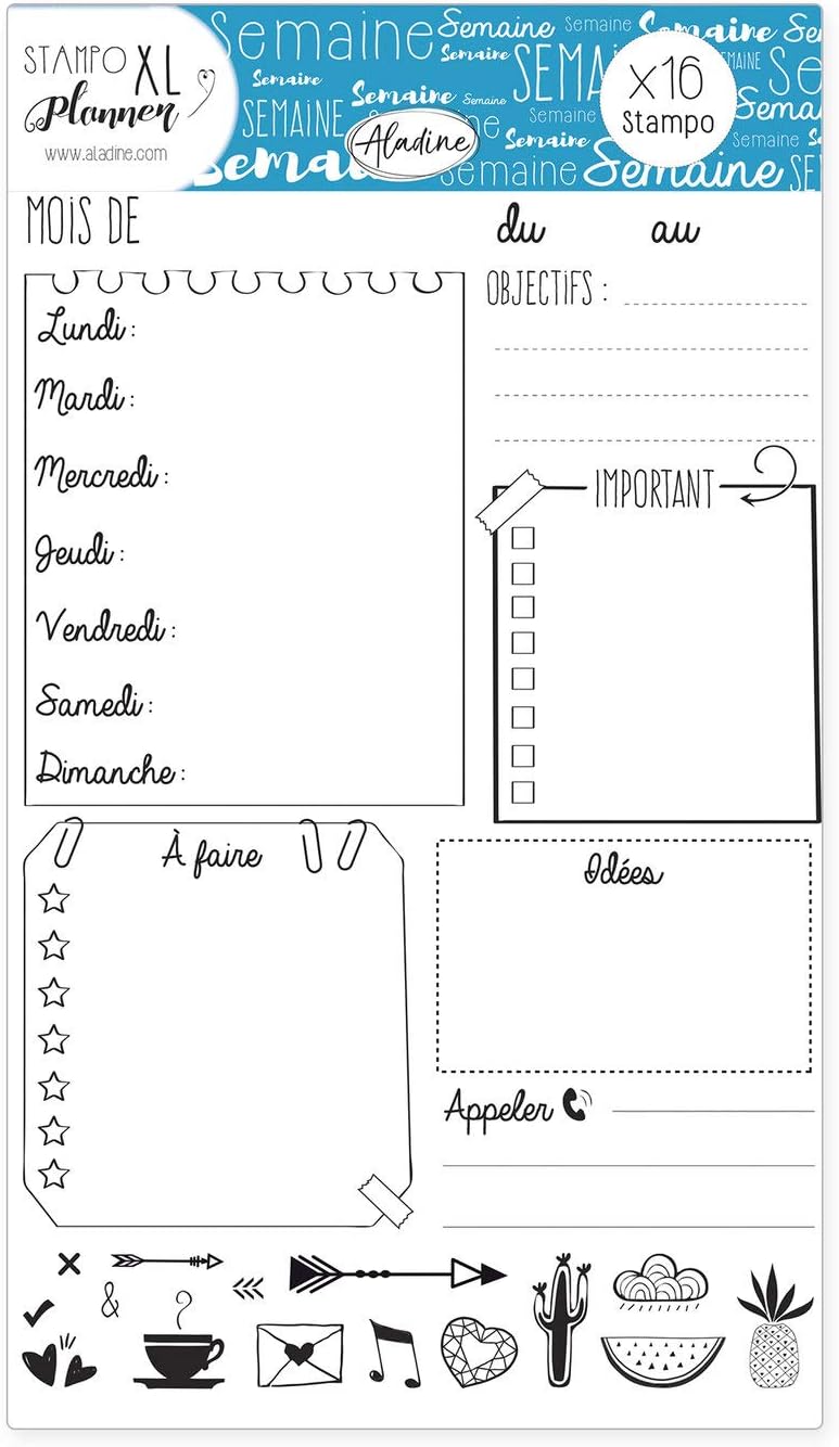 Aladine - Stampo Planner Weekday Page - Stamp sheet Bullet Journal - Scrapbooking and DIY - Customize your Diaries and Notebooks - Kit of 16 Weekly Design Stamps