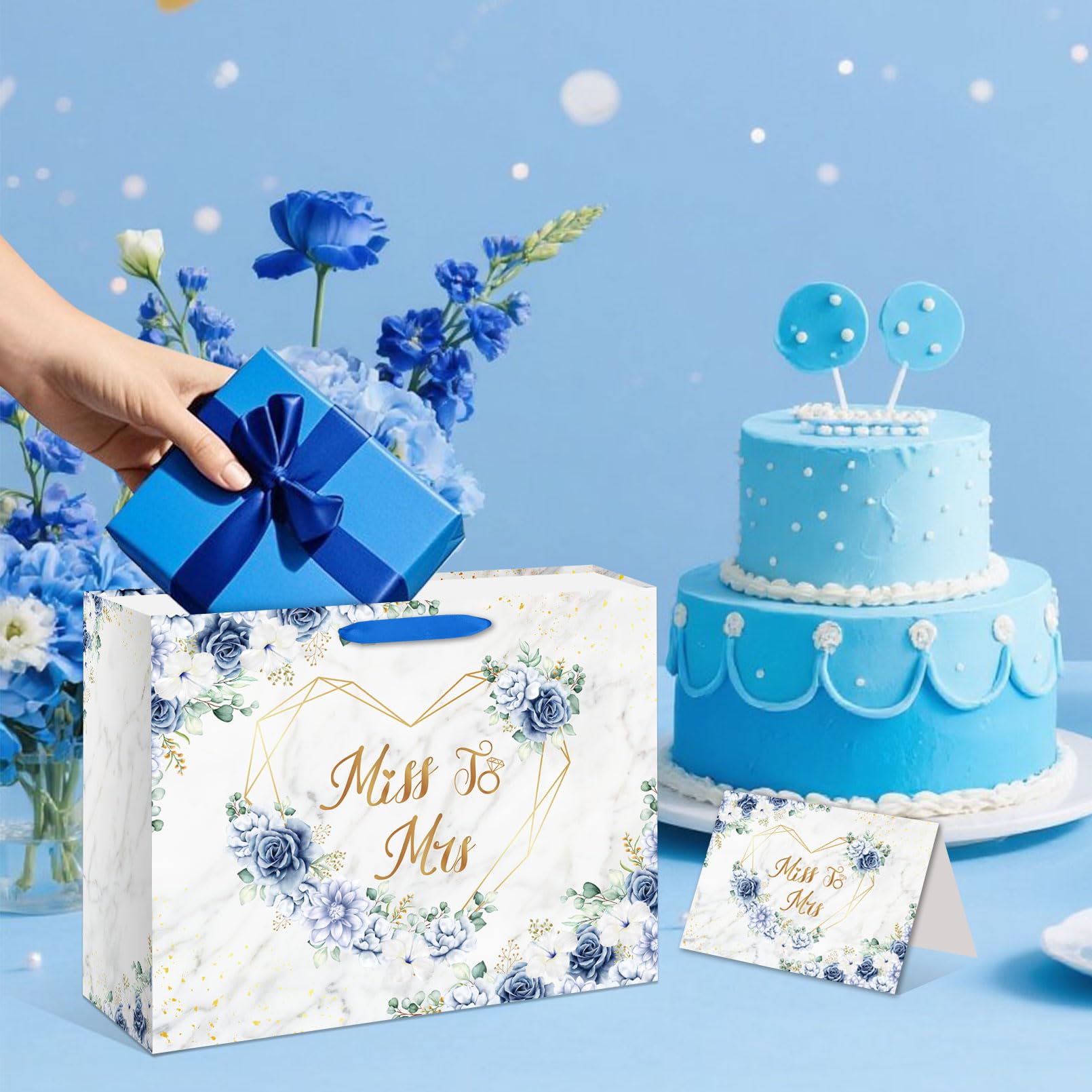 EIGHTSTATES Boho Bridal Shower Gift Bag Blue Floral Miss to Mrs Gift Bags with Card Tissue Bridal Shower Gift Wrapping Paper Bag for Weddings Bachelorette Parties Bridal Showers