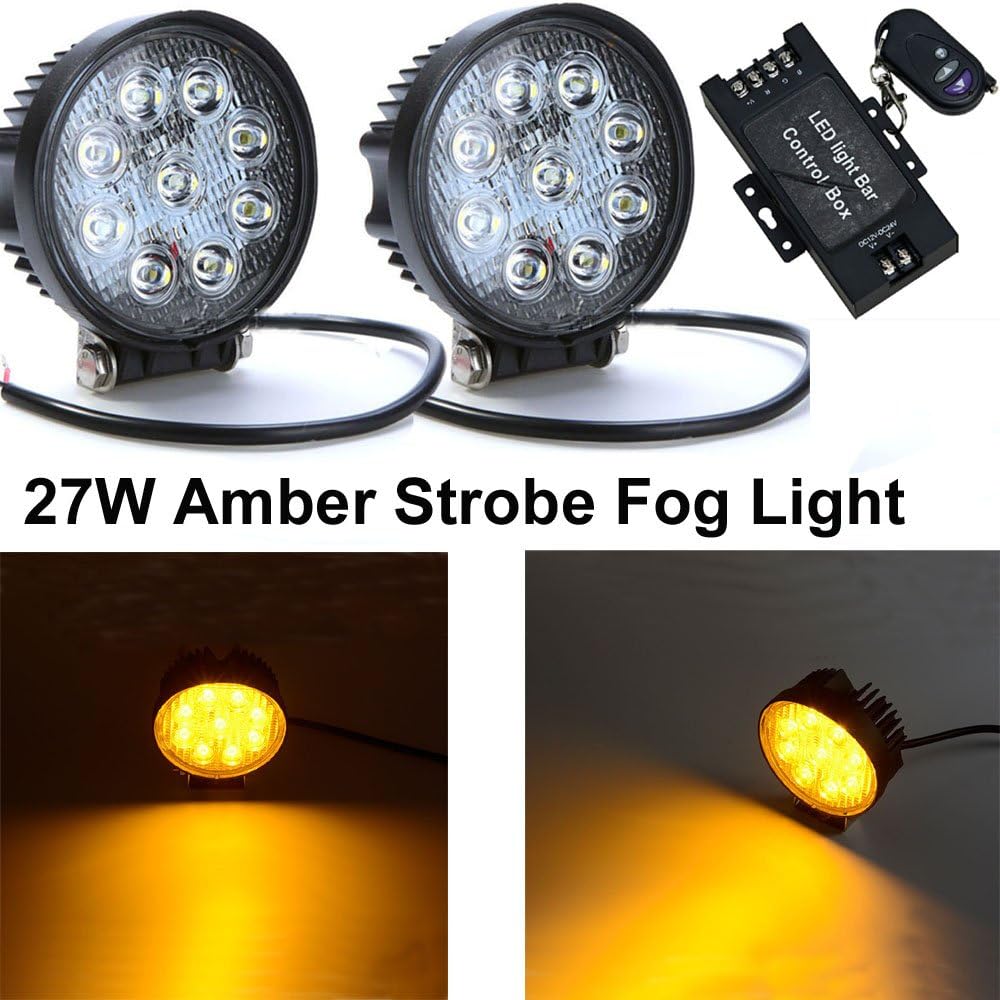 IOV LIGHT 2pcs 4Inch 27w Round Amber Strobe Flashing Warning Light by Wireless Remote Many Flashing Modes Spot Off Road Driving Light Amber Fog Light for Truck SUV Jeep Boat 4WD ATV, 2years Warranty