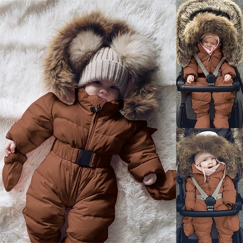 RNTOP Baby Girls Boys Snowsuit Infant Thicken Warm Winter Coat Toddler Hooded Jumpsuit Romper (Brown, 9-12 Months)