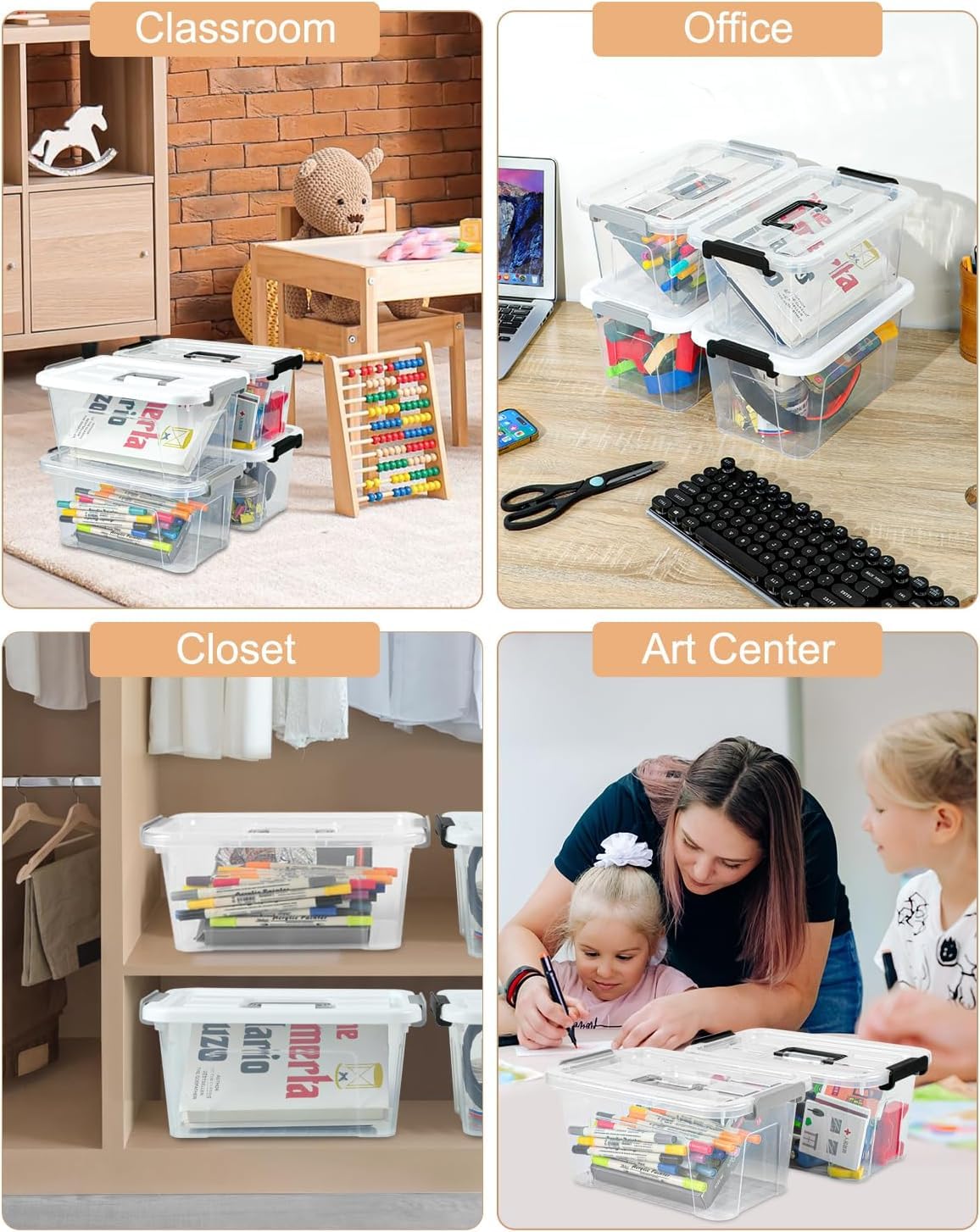 NUMIFUN 6x 8 L Aufbewahrungsbox mit Deckel, Transparent, Sicherer Verschluss, Stapelbare Aufbewahrungsboxen für Büro, Kinderzimmer, Kleiderschrank, Schule, Kunstzubehör, BPA-freies Plastik