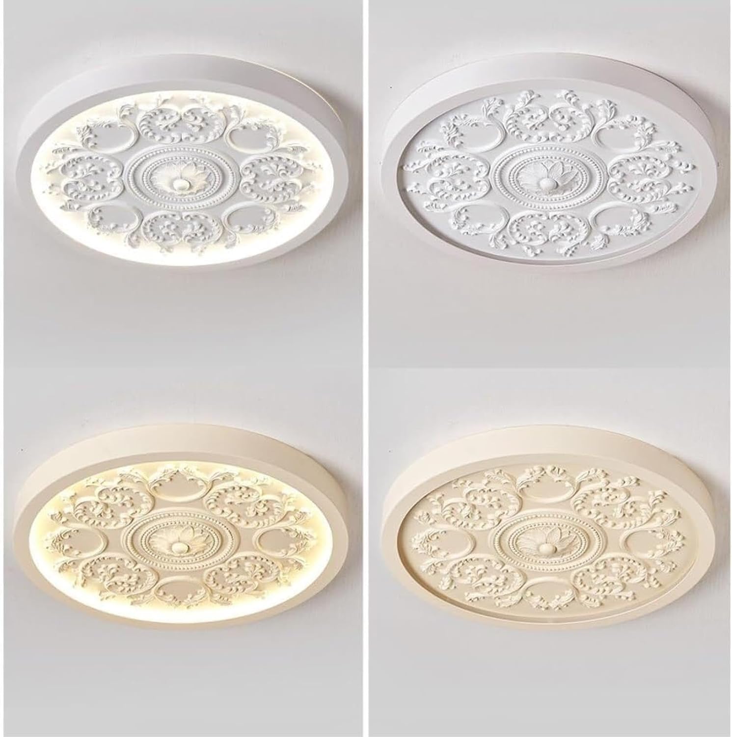 French Country Flush Mount Ceiling Light, Vintage Ornate Ceiling Lamp with Carved Medallion Design Round Backlit LED Fixture for Bedroom Living Room Hallway