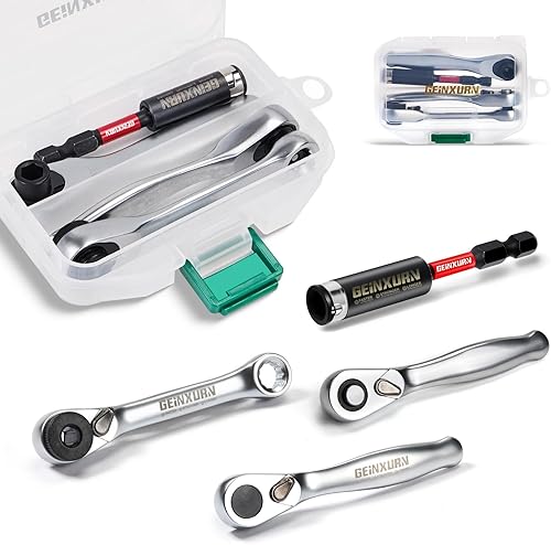 Juego de 4 mini llaves de trinquete y soporte para brocas, llave de mango de trinquete de 14 pulgadas, llave de enchufe reversible de liberación