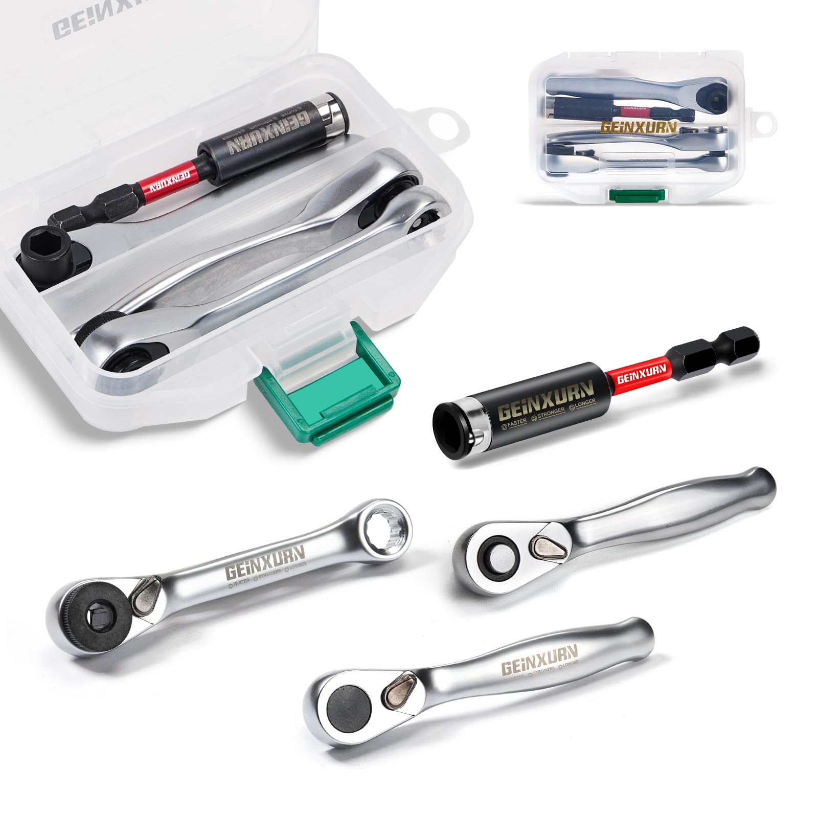 GEINXURN Mini Ratchet Wrench& Bit Holder Set 4 Pcs, 1/4" Drive Ratchet Handle Wrench, 72-T Quick-Release Reversible Socket Wrench, Impact Extension Bit Holder with Case