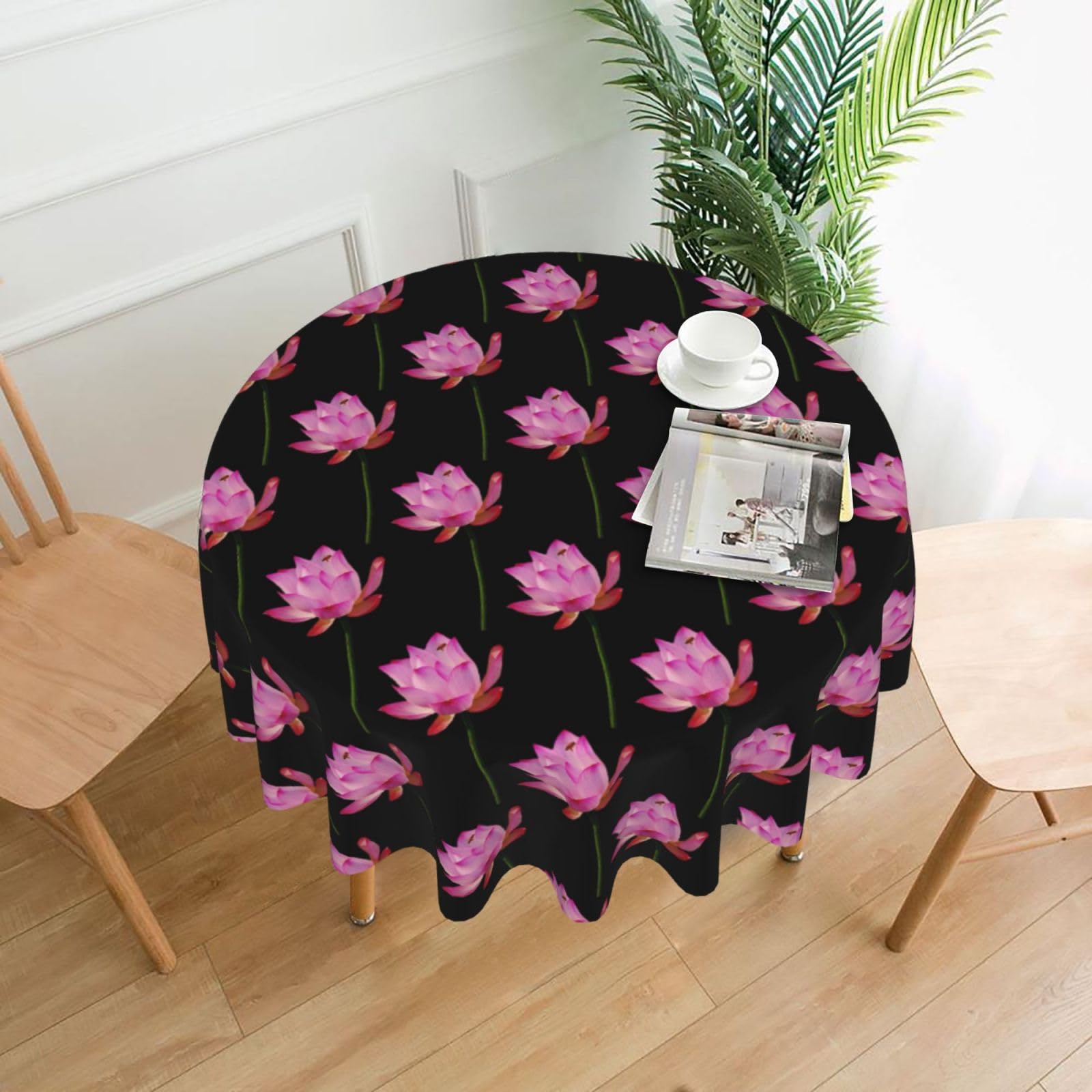 Zcmkjlg Lotus Print Quick Ship Round Tablecloth 60in Polyester Washable Cover for Dining Room