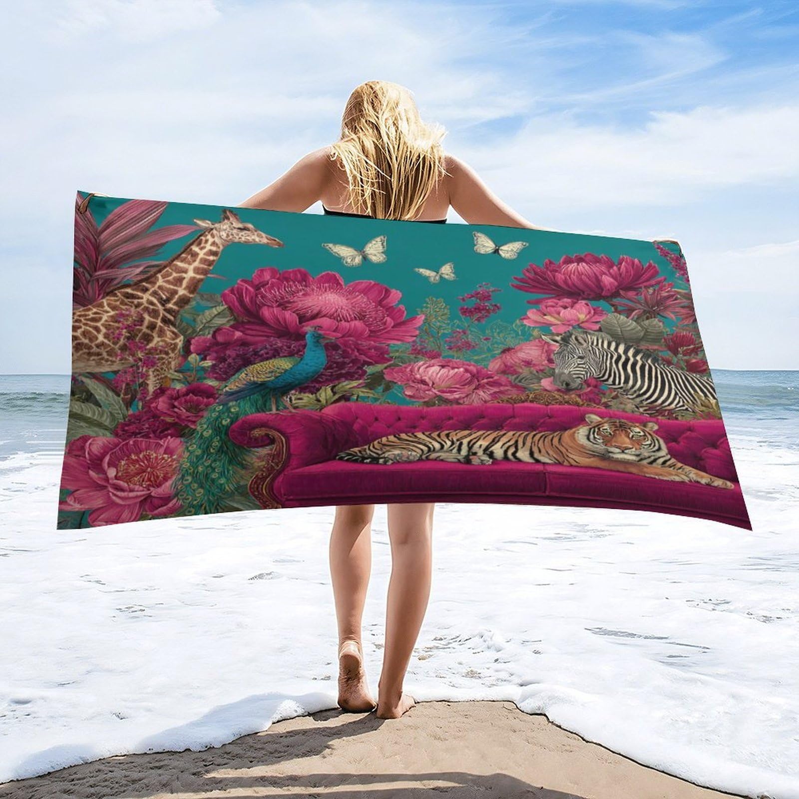 Luyysky Retro Abstract Tiger Giraffe Quick-Drying Beach Towel, Modern Realistic Tropical Animal Zebra Peacock Butterflies Flowers Travel Vacation Single Sided Pile Bathroom Towels-80 W Cm X 160" L Cm