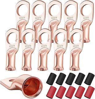 XHF 10PCS 6 AWG-3/8 Heavy Duty Battery Lugs with 3:1 Heat Shrink Tubing, Ring Terminals Battery Cable Ends Copper Eyelets Electrical Battery Connectors