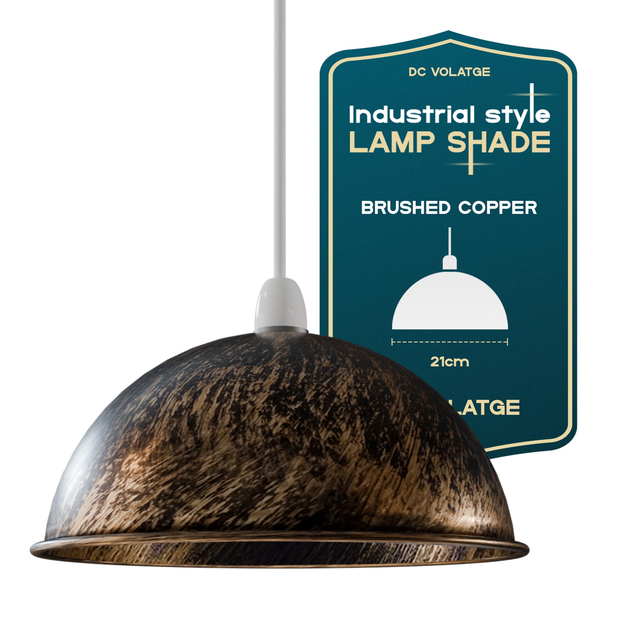 Brushed Copper Metal Dome Lamp Shade 21cm Easy Fit for E27 Pendant Ceiling Light, Vintage Industrial Retro Hanging Lampshade with Reducer Plate for Kitchen Dining Room Hallway Café
