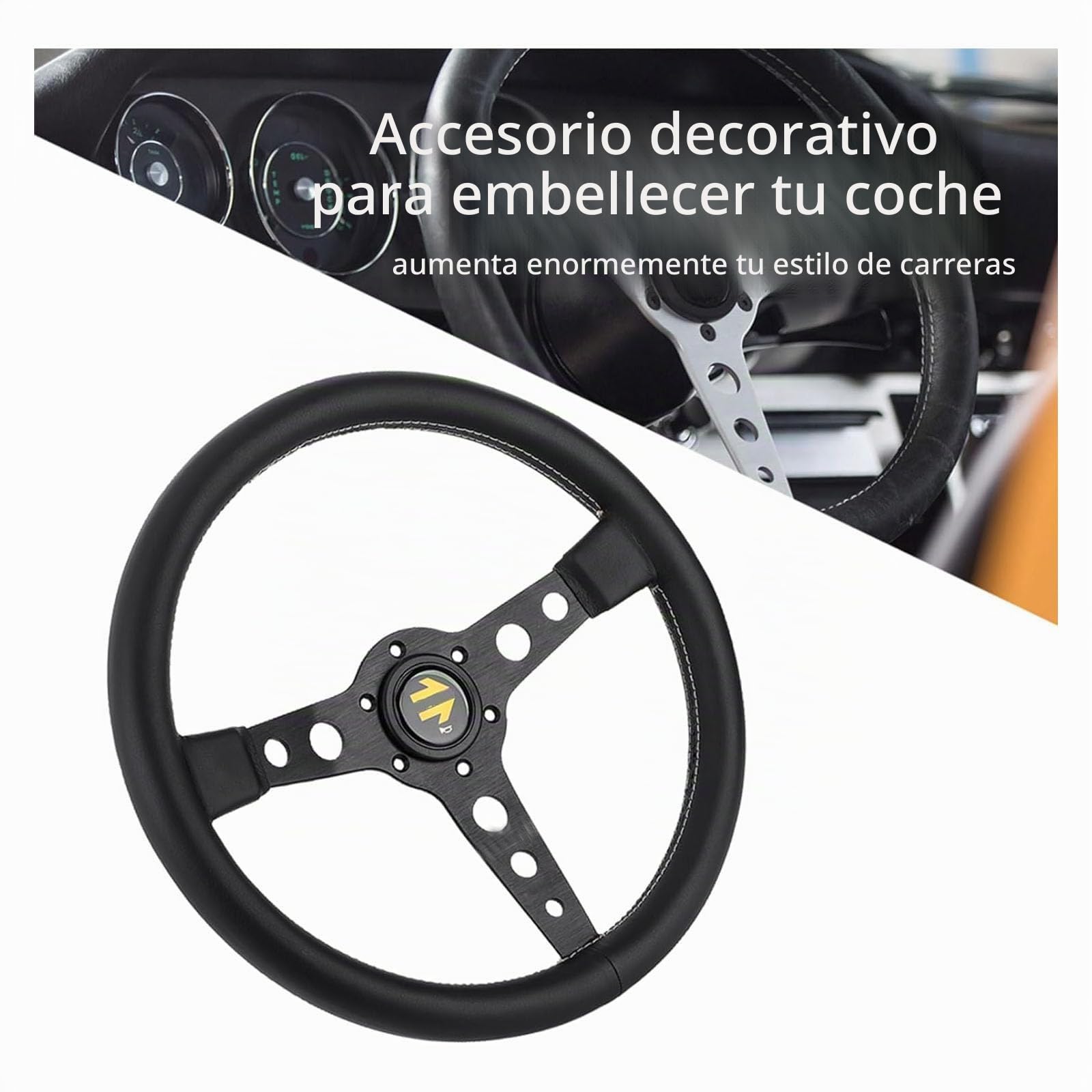 Volante de coche de 350 mm para MOMO, estilo prototipo, 6 pernos, cuero negro, volante de carreras, costuras grises con botón de bocina