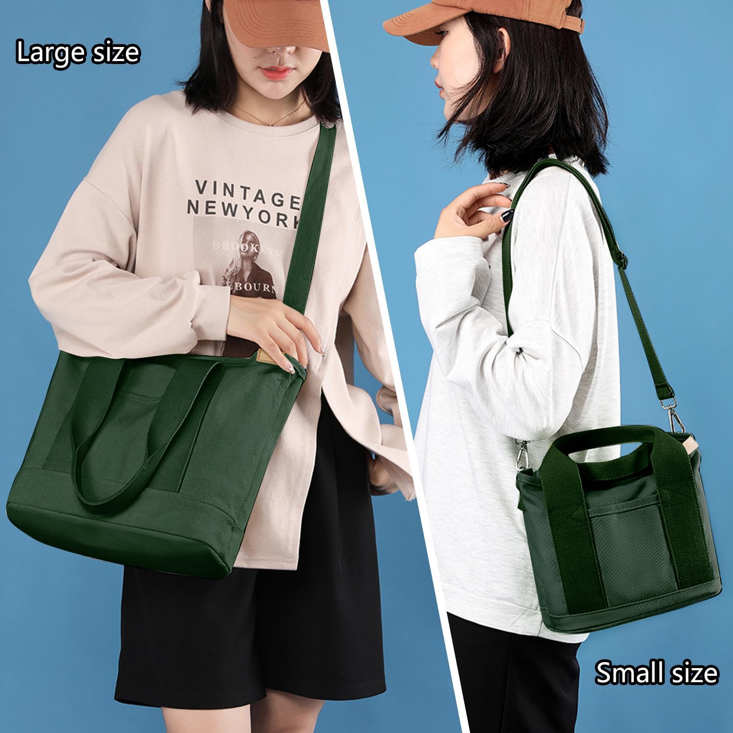 Canvas Tote Bag for Women,Small Totes Bags with Zipper Crossbody Purse with Pockets Large Shoulder Handbag,2 Sizes - Image 2