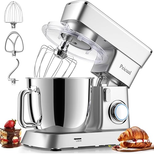 Stand Mixer, 6QT 10+P Speed Tilt-Head Kitchen Electric Mixer, Food Mixer with Stainless Steel Bowl, Dough Hook, Flat Beater, Wire Whisk, Splash Guard for Daily Use - Silver