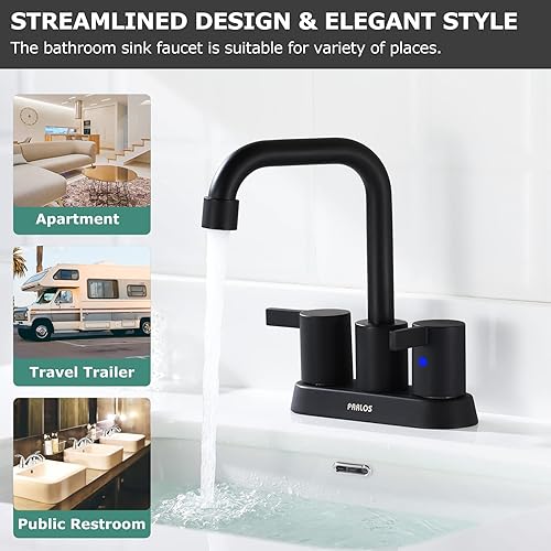 Miniatura 6 de PARLOS Grifo de baño negro mate de 2 manijas para lavabo con desagüe de fregadero emergente y líneas de suministro de grifo, 1431604