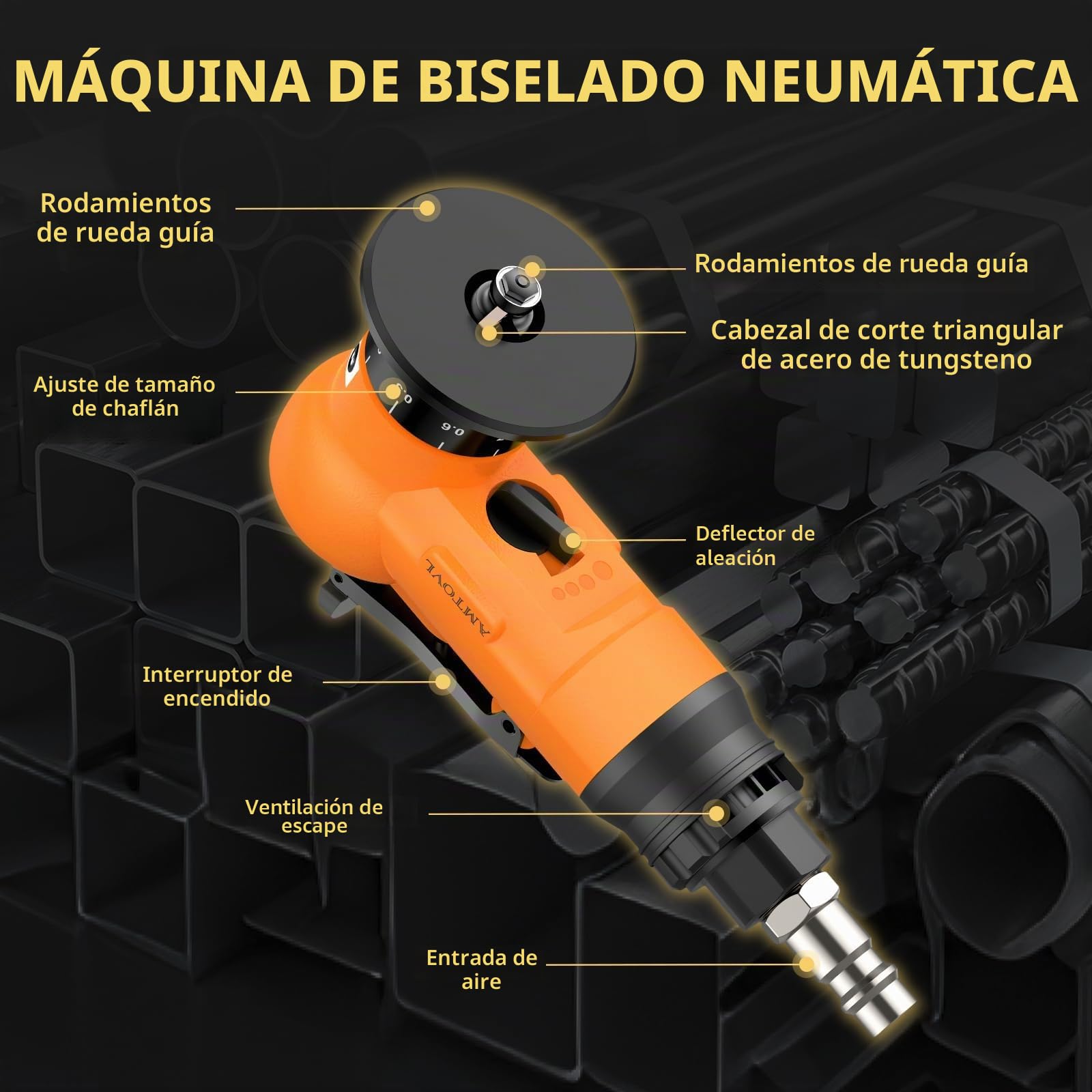 AMTOVL Mini Máquina de Biselado Neumático 30000rpm, Velocidad Ajustable con 10R+10C +4 Rodillos, Biseladora de Arco 45 Grados para Metal,Acero Inoxidable,Desbarbado