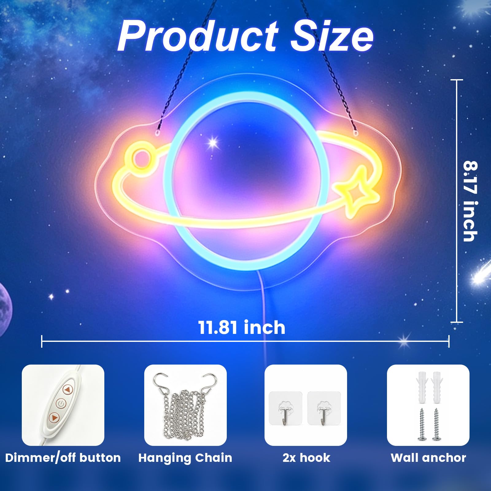 Pianeta Insegna al neon per decorazione da parete, luci notturne a LED dimmerabili, alimentata tramite USB, pianeta e stella, per camera da letto, sala giochi, club, regali per bambini amanti della