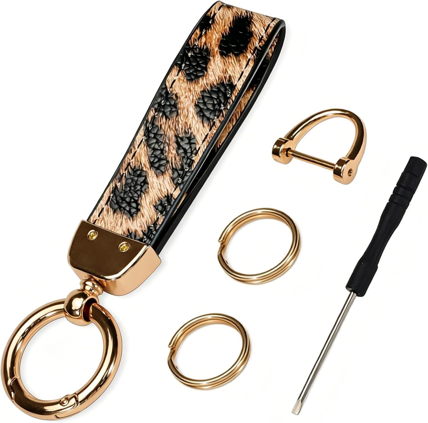 Leopard-Print Leather Keychain, Spring Clasp Unisex Bag Charm