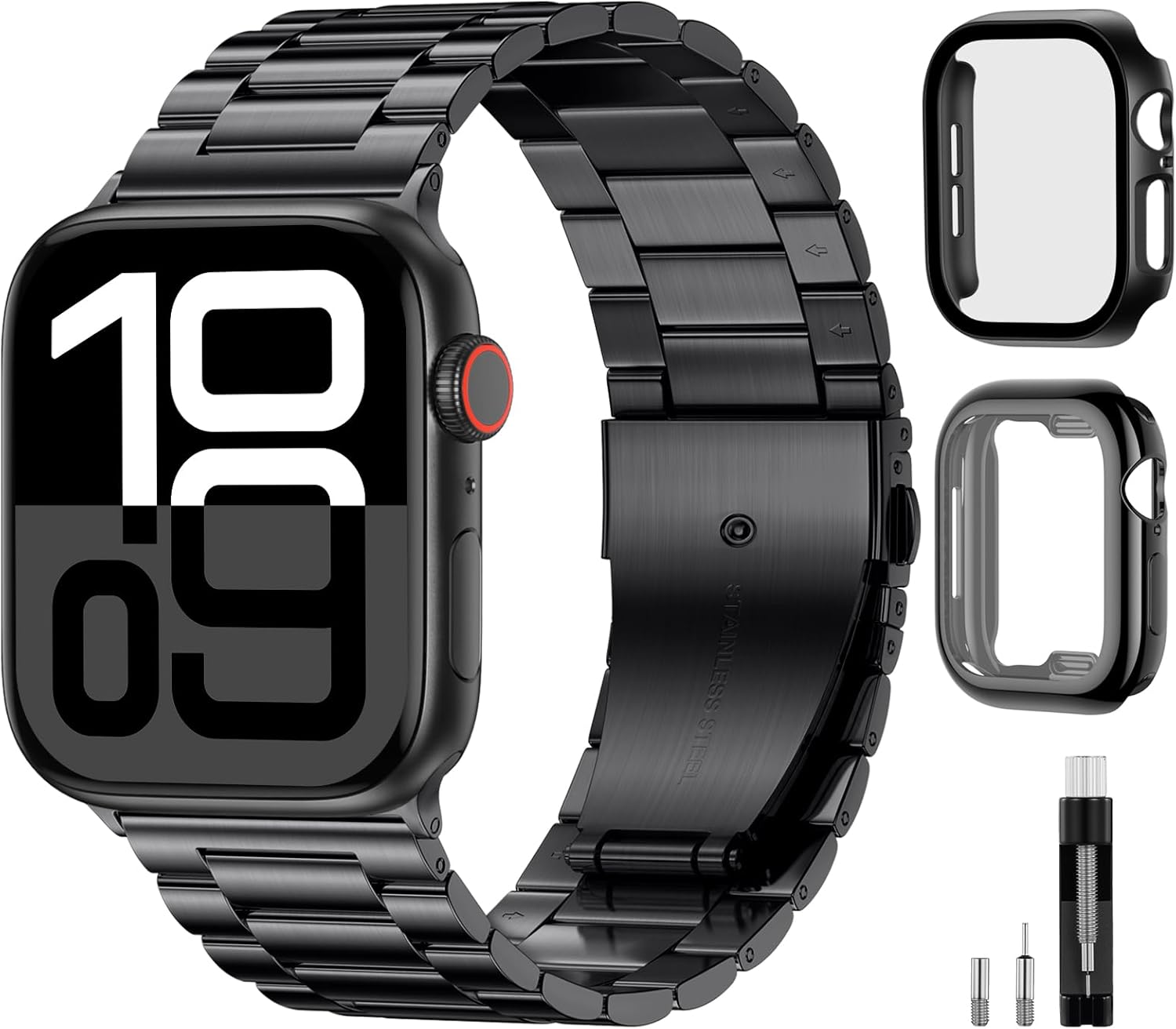 WJK Metal Band Compatible with Apple Watch Bands 44mm For Men Women, Stainless Steel Replacement Strap with 2 Pack Case Screen Protector Compatible for iWatch Series 6/5/4 SE 3/2/1, Black