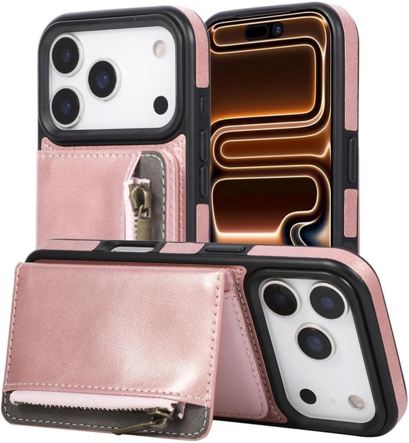 Leather Wristband Wallet Case for iPhone 17/17 Air/17 Pro/17 Pro Max, Flap Card Holder with Kickstand Function, Soft Edge Shockproof Cover(Pink,17 Pro)