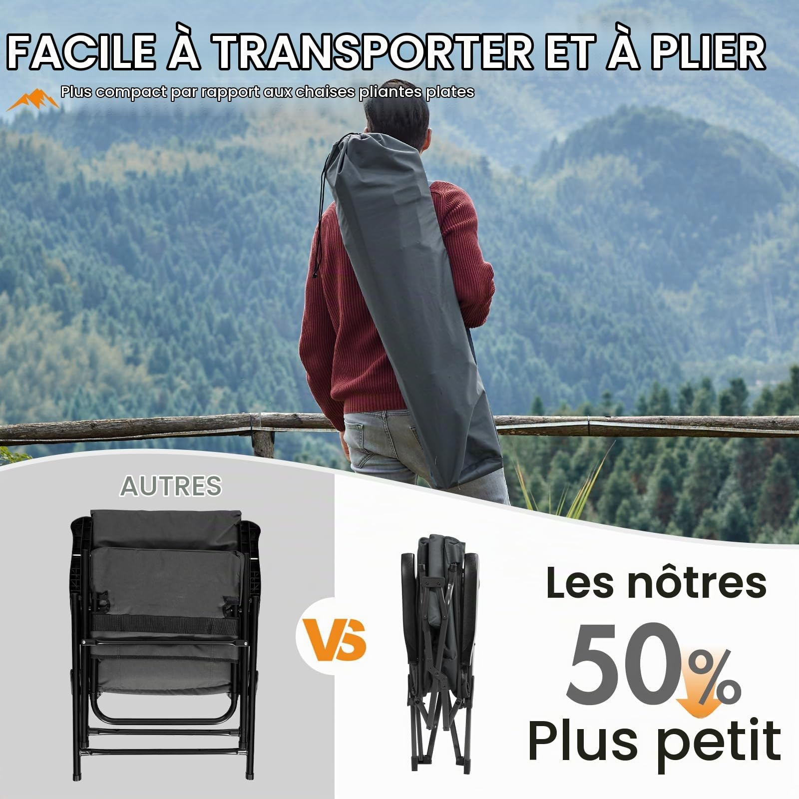 Portal Chaise Pliante Camping – Fauteuil de Jardin Portable Inclinable 160kg, Dossier Haut Réglable 3 Positions – Transat Confortable pour Plage, Terrasse, Balcon, Extérieur
