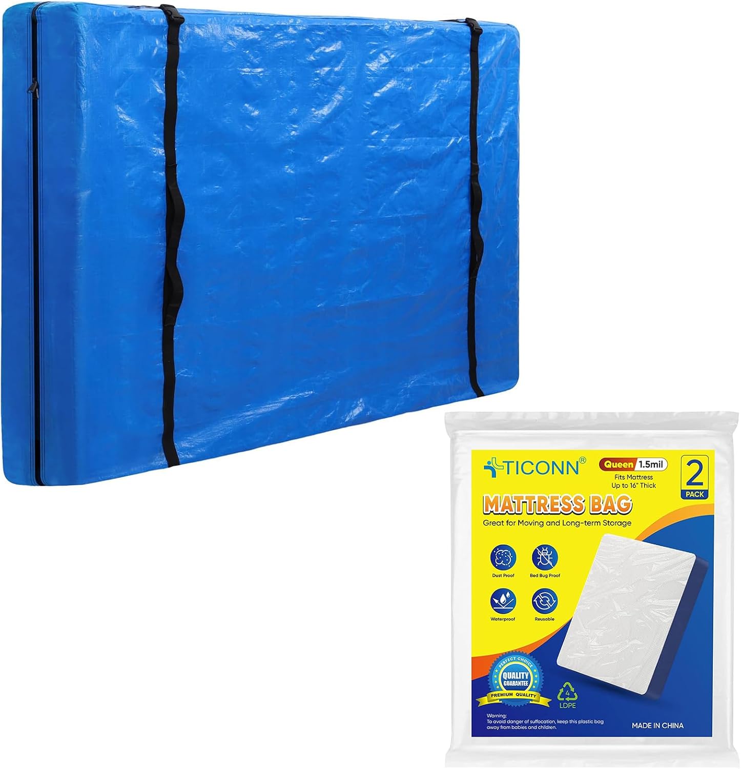 TICONN 2PK Mattress Bag for Moving Storage (Queen)+ Reusable Mattress Protector Cover (Queen)