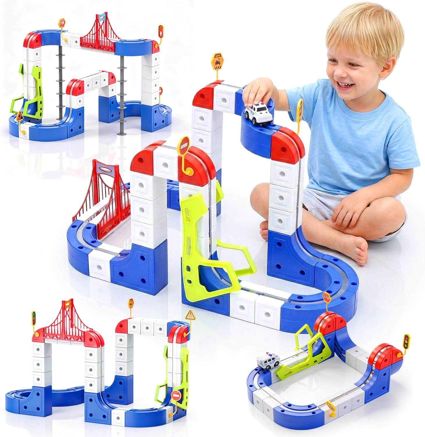KlickRail Electric Train Set for Kids 3 4 5 6 7 8, 3D Flexible Race Track Magnetic Track Car with Gravity Defying Train Track Cube Track,115 PCS Car Track for Toddlers 3-5 STEM Learning Gift