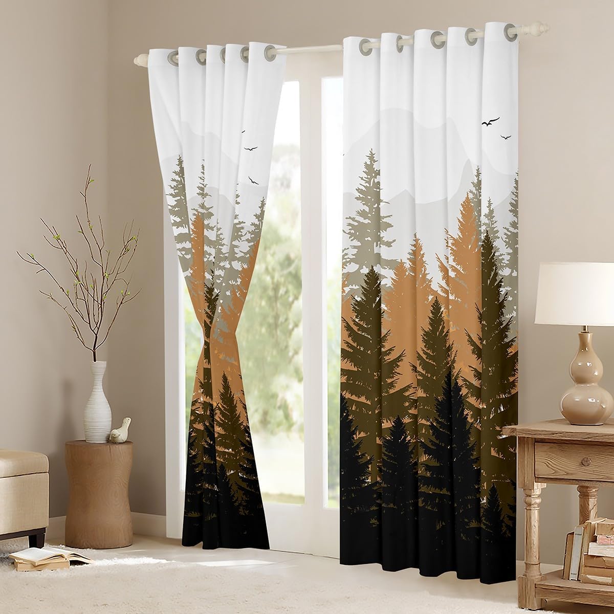 Erosebridal Brown Forest Window Curtains for Men Women,Misty Nature Tree Blackout Curtains 2 Panels,38X45 Inch,Woodland Mountain Scenery Window Treatments Drapes for Bedroom