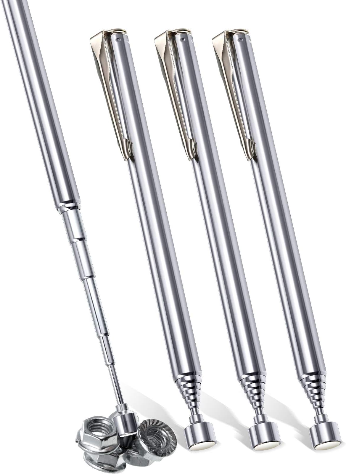 Patelai 4 Pieces Telescoping Magnetic Pick up Tool Grabbers Reacher Tools with Pocket Clip 25 Inch Telescopic Retrieving Magnet Gift for Man, Father, Mechanic, Handyman, Husband (Silver)