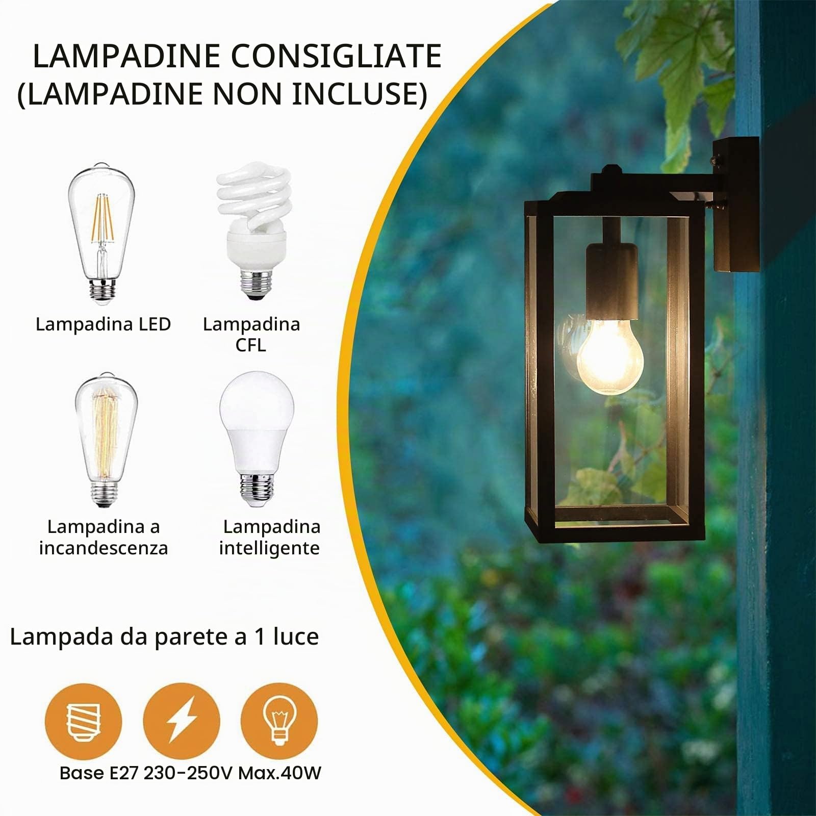 HLFVLITE Lampada da Parete per Esterni Dusk to Dawn, Alluminio Applique da Esterno Impermeabile con Attacco E27 con Paralume in vetro per Porta d'ingresso del Portico, Garage, Nero Opaco