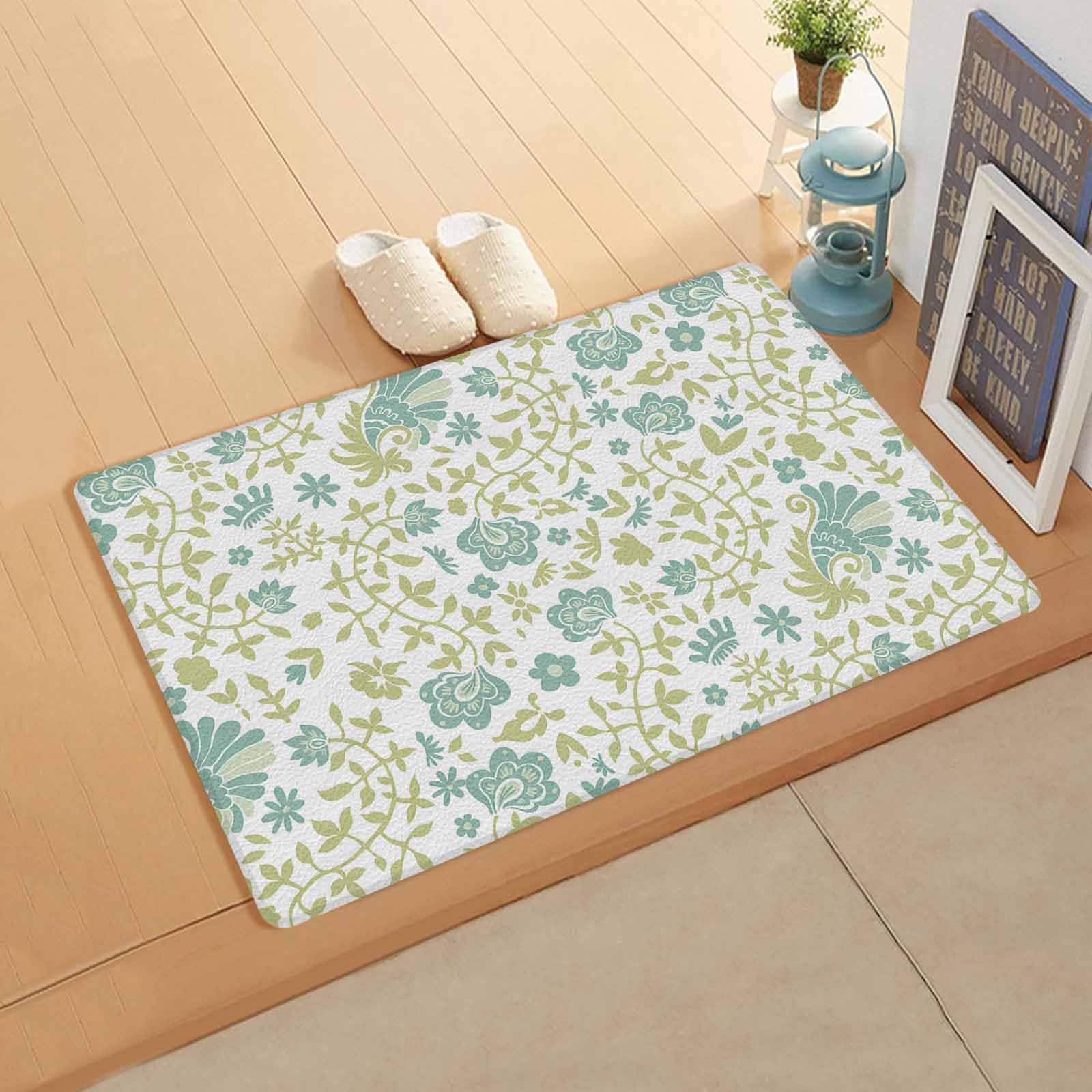Green Leaves Floral Antifatigue Kitchen Bath Door Mat Cushioned Runner Rug,Washable Welcome Floor Sink Mat,Waterproof & Non-Slip Kitchen Standing Doormat,Contemporary Boho Pastel Plant Herb 24