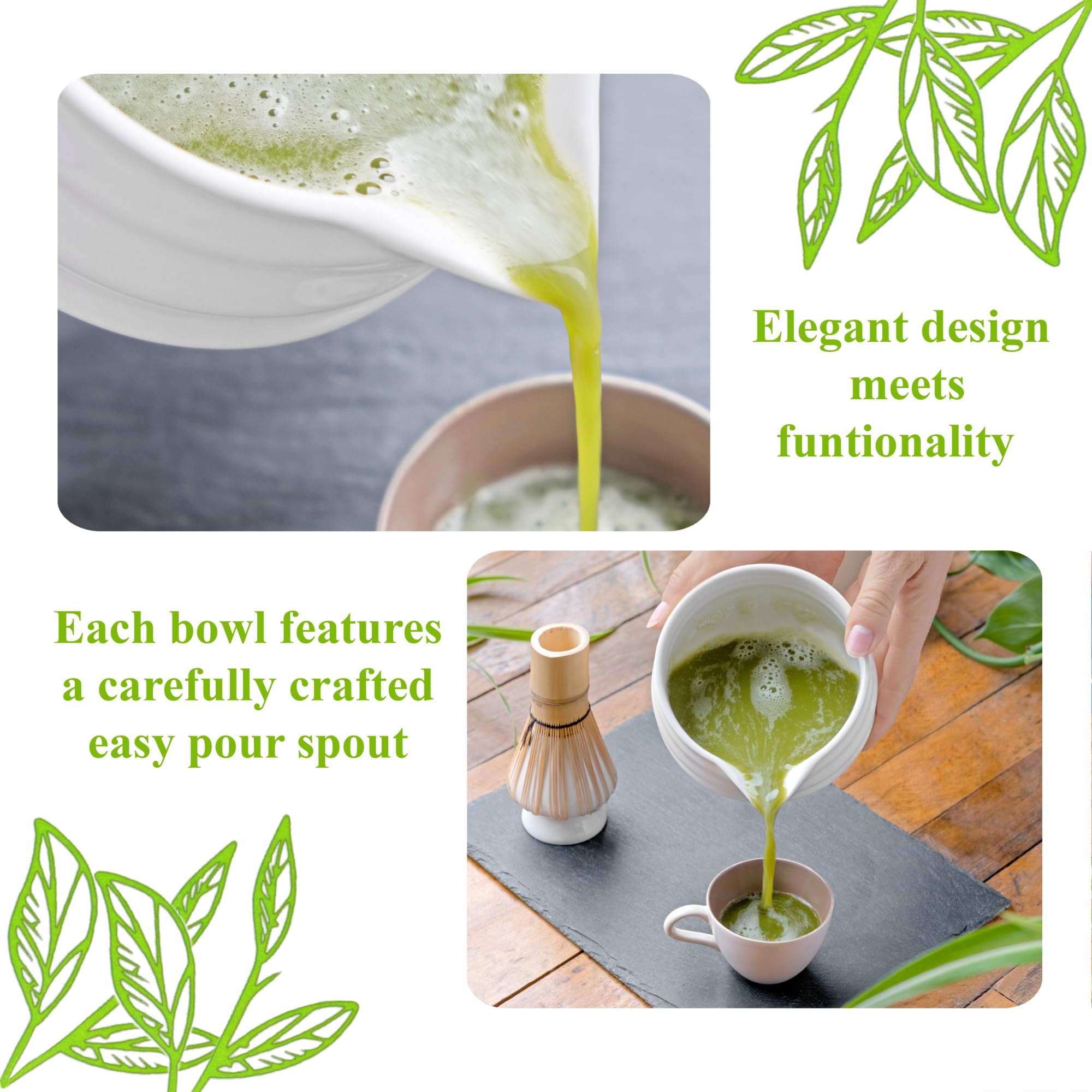 Marce Zestaw Matcha – trzepaczka i miska matcha – zestaw do herbaty matcha – miska do matcha z wylewką (filiżanka matcha), trzepaczka bambusowa, miarka matcha, stojak na trzepaczkę matcha (uchwyt