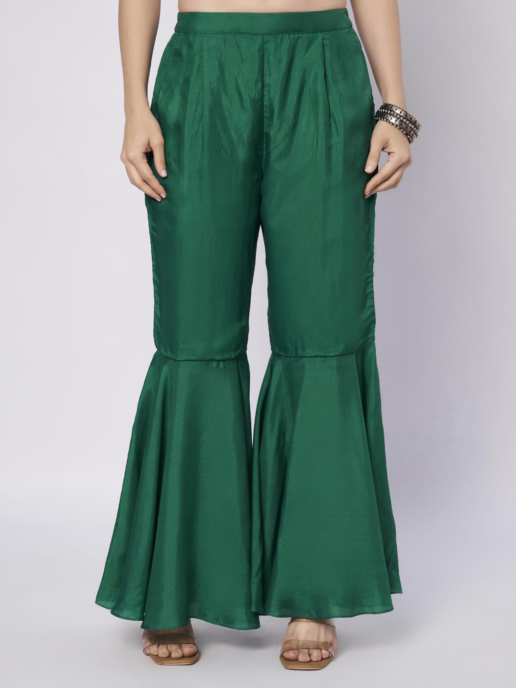 SILCHIC Women Green Embroidered Co-ord Set with Sleeveless Top & Gharara, Silk Blend (Green, S) 3
